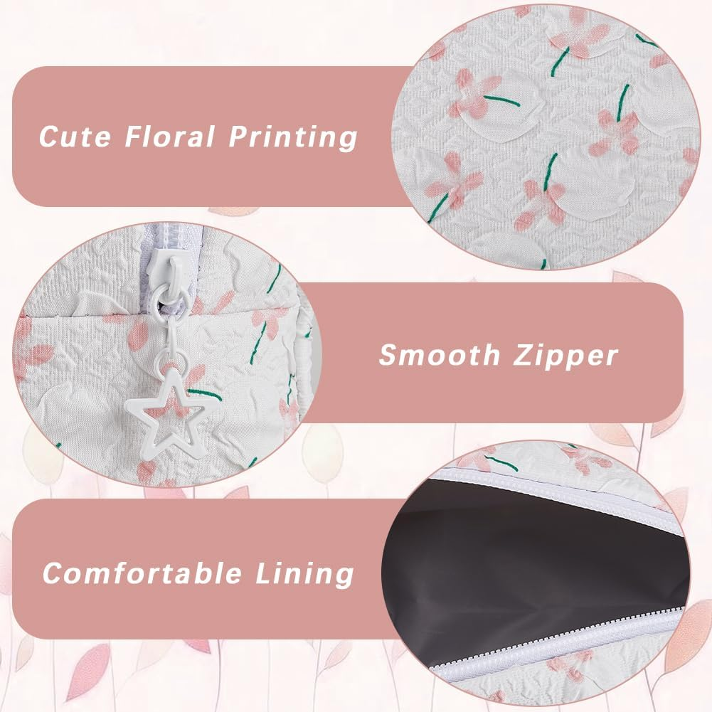 CABODYALS 2 Pieces 2 Styles Flowers Travel Cosmetic Bags Set White Quilted with Zip Make up Bags Cute Flowers Portable Storage Toiletries Organiser Make up Fabric Bag Bulk Pack - Blue image number 3