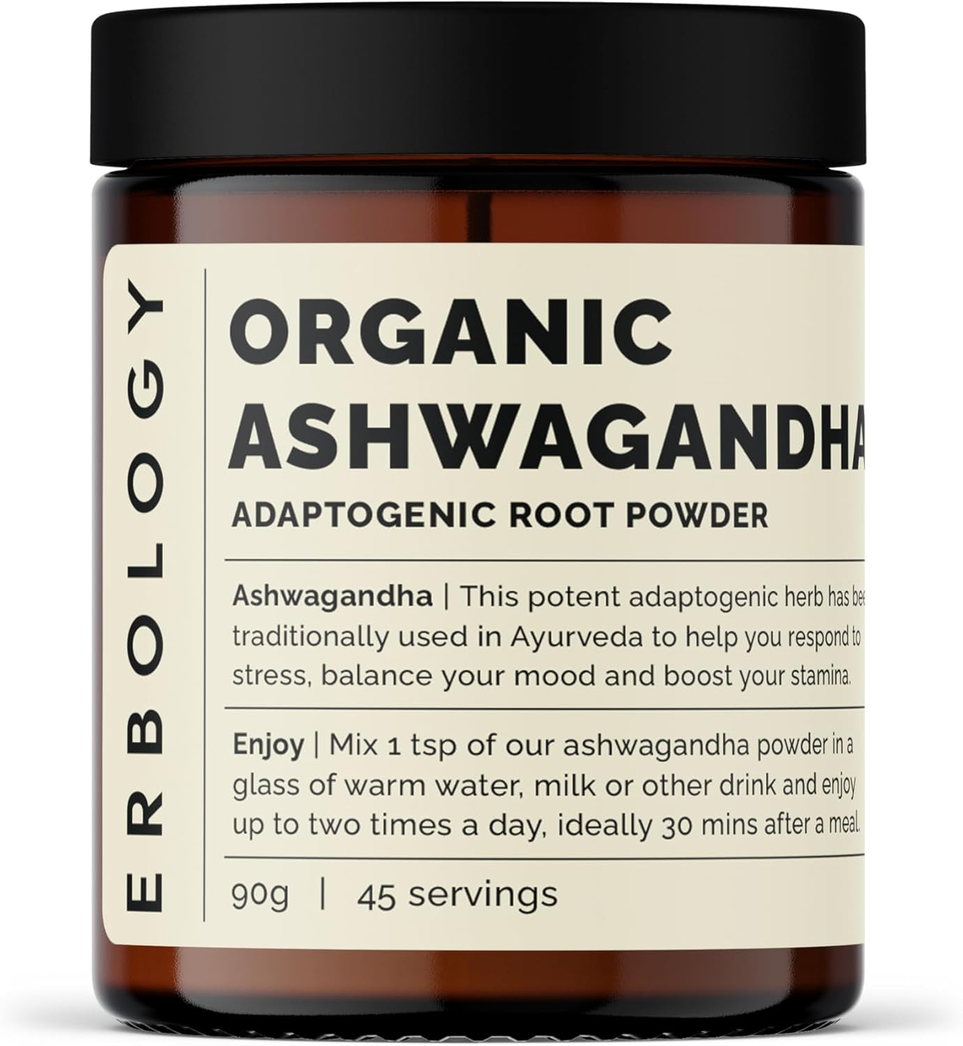 Erbology Organic Ashwagandha Powder 90G - 45 Servings - Sleep Aid - Rich in Withanolides - Sustainably Sourced Straight from Farm in India - Small Batch - Vegan - Gmo-Free