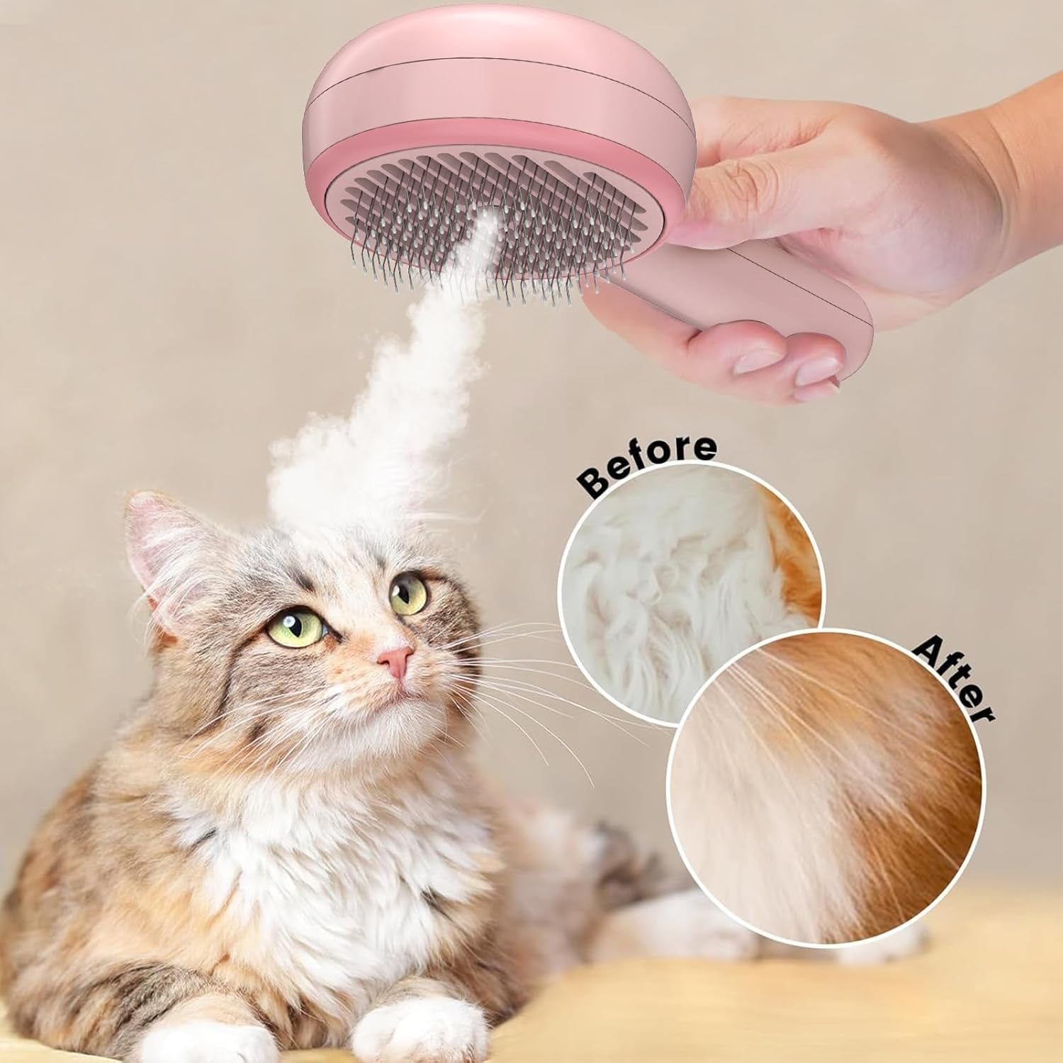 Cat Brush Short Hair, Cat Brush with One Button, Pet Brushes, Self-Cleaning Fur Brush Cat for Long Hair and Short Hair for Removing Loose Fur and Dirt, Pink image number 2