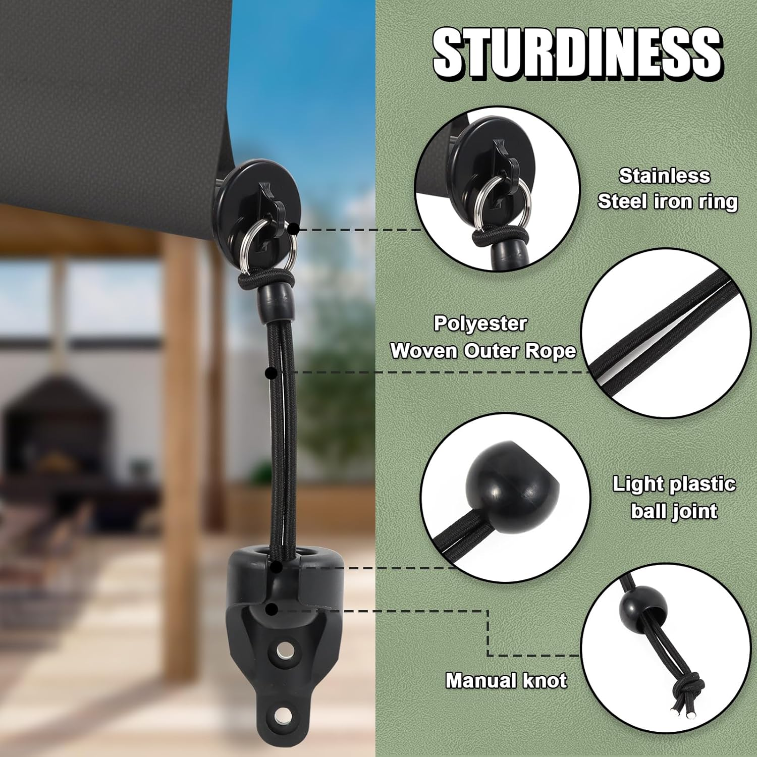 Lihopefe Bungee Kit + End Caps, Universal Mounting Brackets for Exterior/Interior Sun Shades & Roller Blinds (Black, 2Pack) image number 5