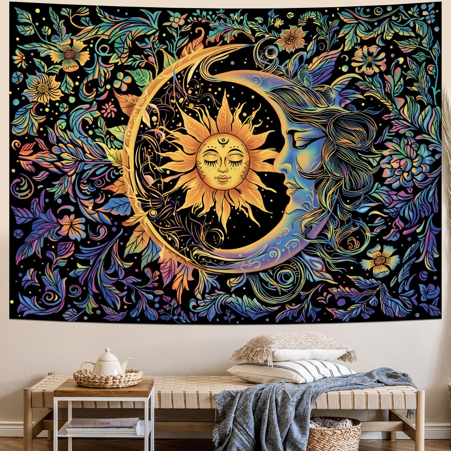 Sun and Moon Tapestry Psychedelic Mystic Floral Tapestry Hippie Boho Flower Plants Wall Tapestry Vintage Aesthetic Tapestry Wall Hanging for Bedroom image number 3