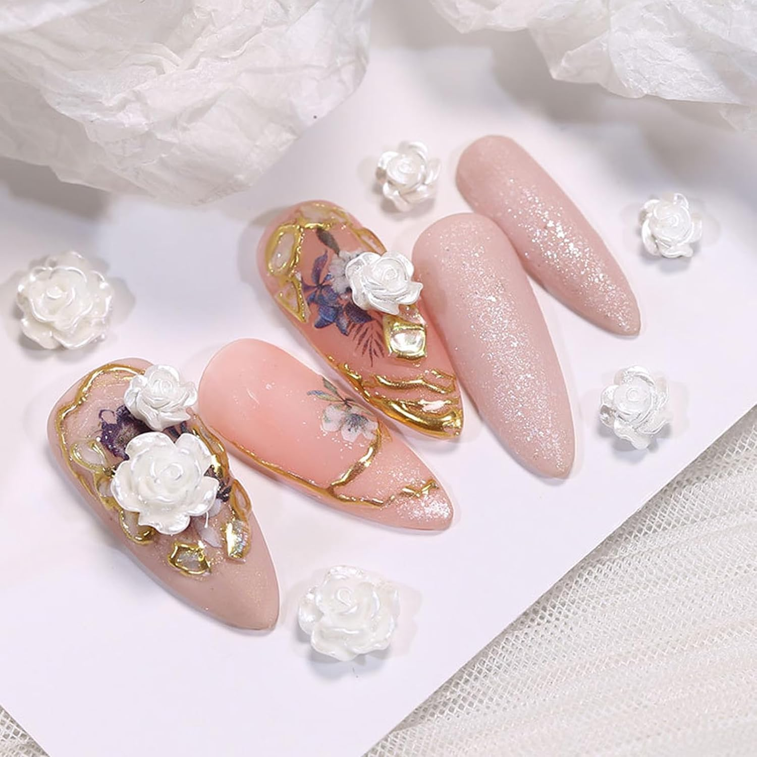 Taoluwin 100Pcs Nail Art Rhinestones, 6Mm & 8Mm 3D Camellia Rose Gems, Resin Flower Rhinestones for Nail Decoration, Crafts & Jewelry Making, Dual-Size White Floral Set image number 2