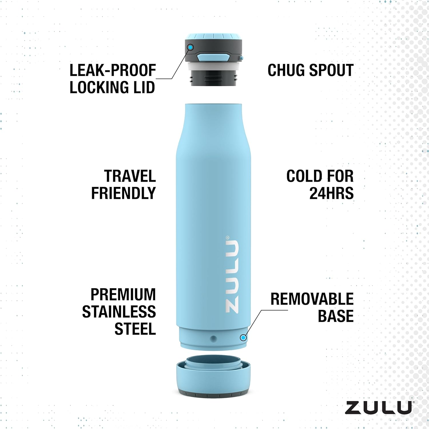 ZULU Ace Vacuum Insulated Stainless Steel Water Bottle with Leak-Proof Locking Lid and Removable Base, 24Oz Bottle image number 1