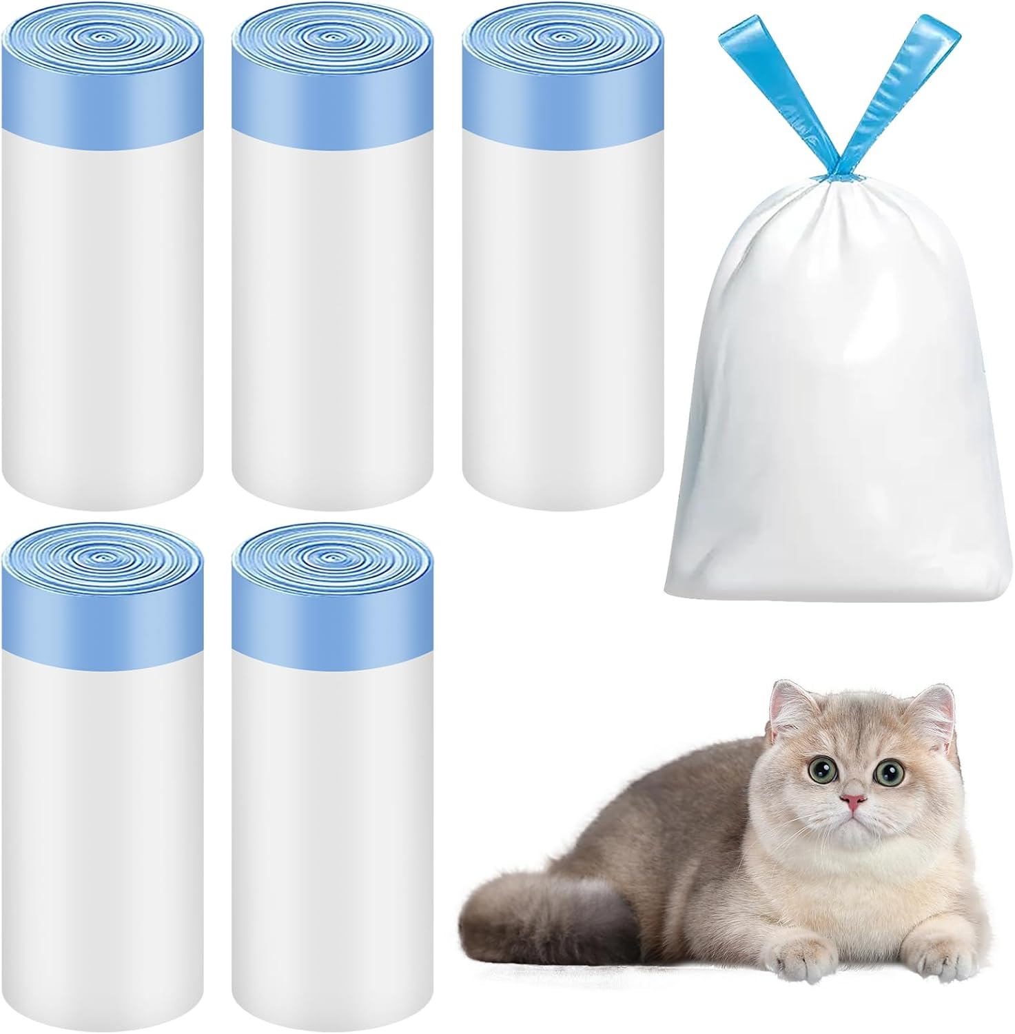 Pack of 75 Bin Bags, Bin Bags with Carry Handle, Cat Litter Box Bags, Self-Cleaning Cat Litter Box with Drawstrings, Biodegradable, Durable, Tear-Resistant, Liquid-Proof, 5 Rolls image number 3