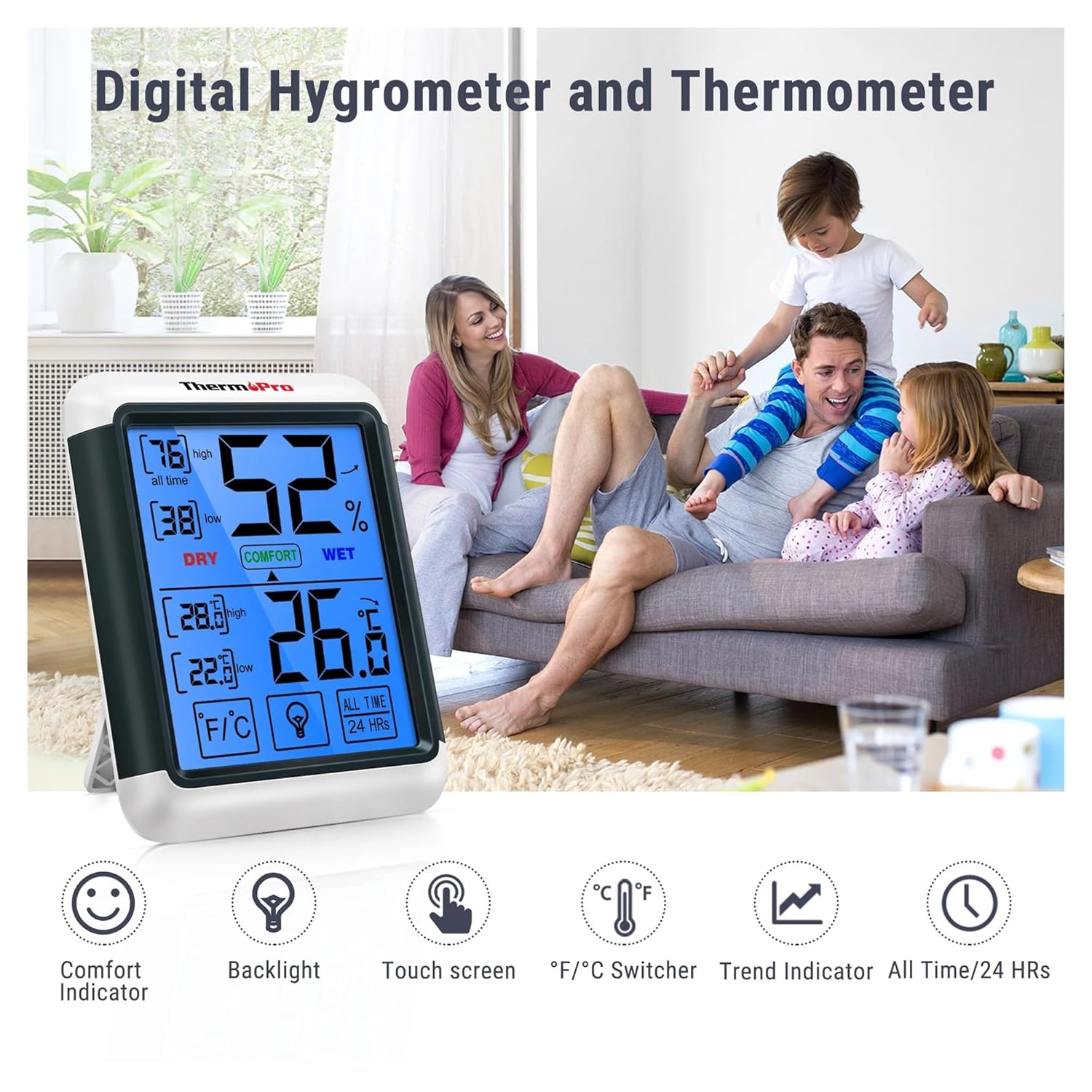 Indoor Digital Thermometer Hygrometer Touchscreen Backlight Humidity Temperature Sensor Weather Station for Home image number 1