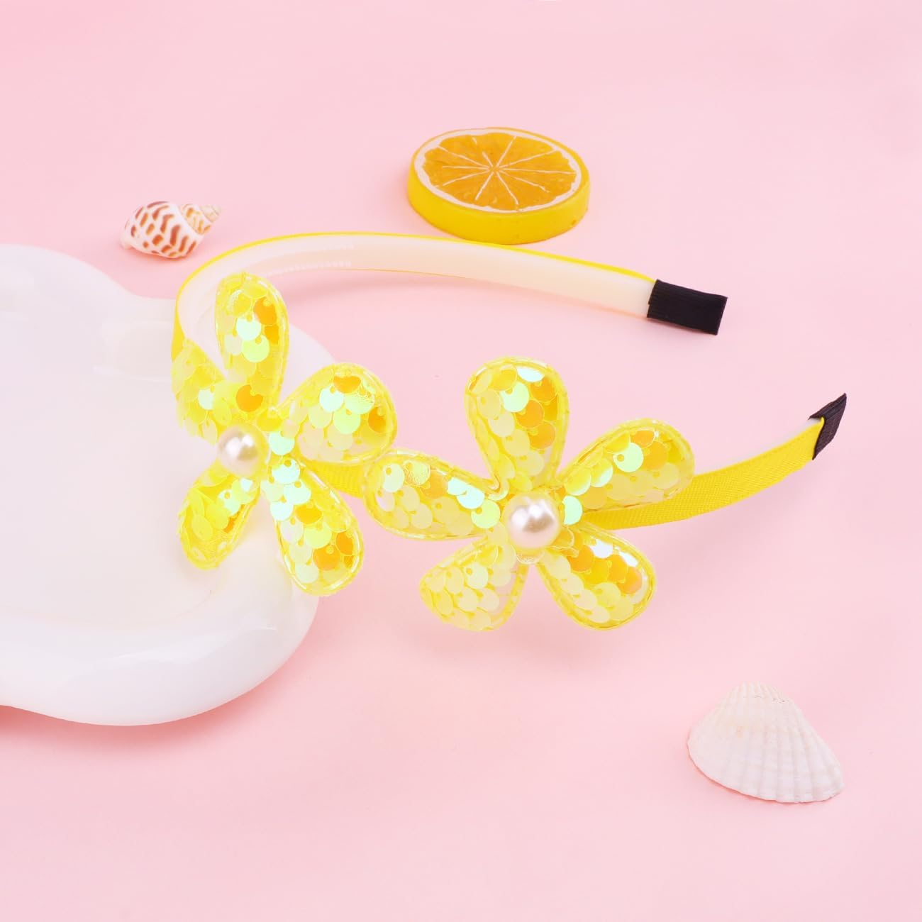 Yellow Flower Headband,Spring Summer Hairband for Women,Yellow Glitter Floral Hair Hoop,Non-Slip Headpiece Hair Accessories for Birthday (Yellow, One Size) image number 1