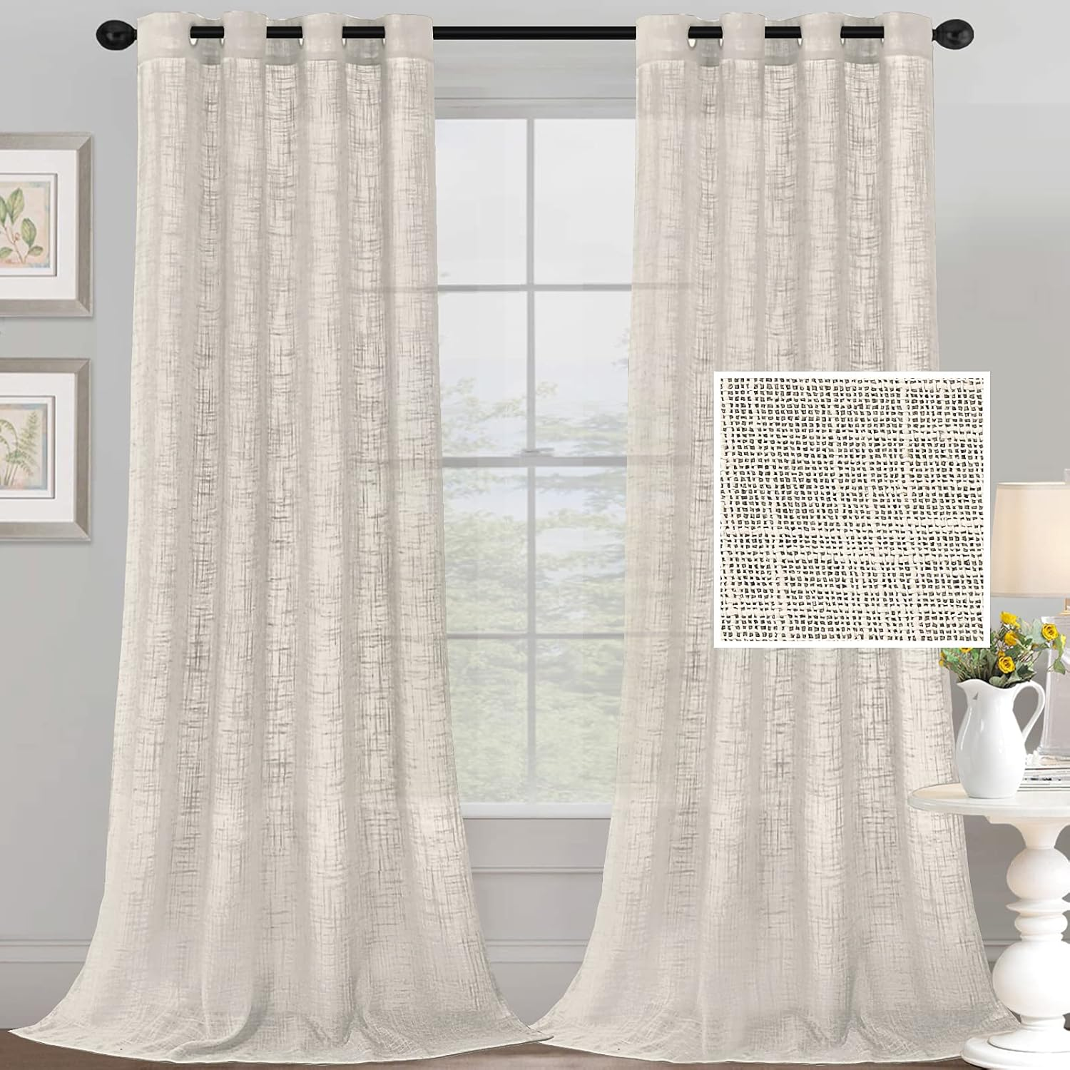 H.VERSAILTEX Linen Curtains for Living Room Sheer Curtains Natural Linen Blended Linen Textured Curtains Light Filtering Eyelet Curtains Bedroom Burlap Curtains 2 Panel, W132Cm X D243Cm, Natural image number 5