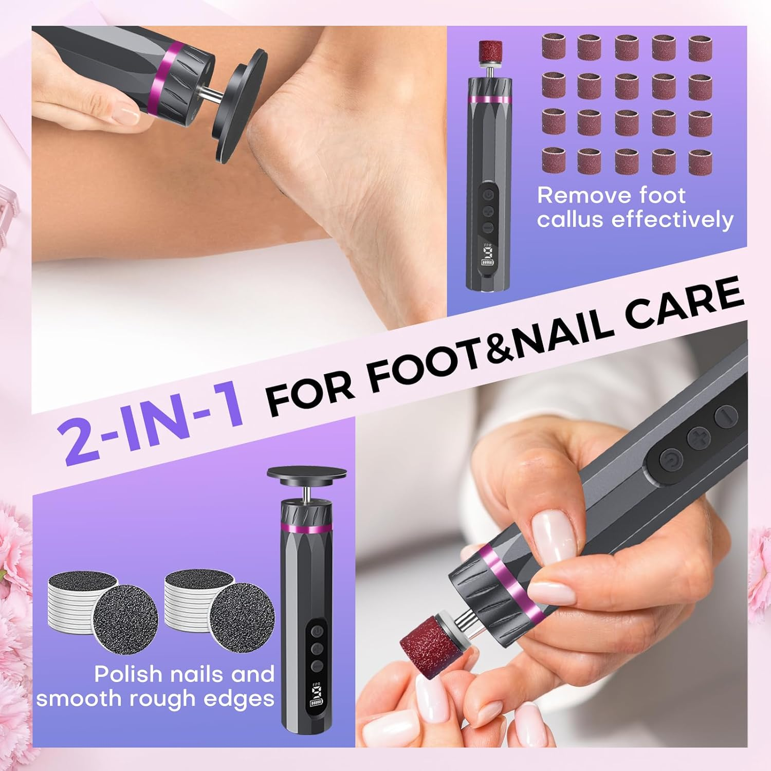 2 in 1 Electric Foot File, 9 Speed Adjustable Foot Callus Remover & Nail Grinder, with 40Pcs Sandpaper Discs, Electric Foot Hard Skin Remover for Feet Care Exfoliator (Grey)