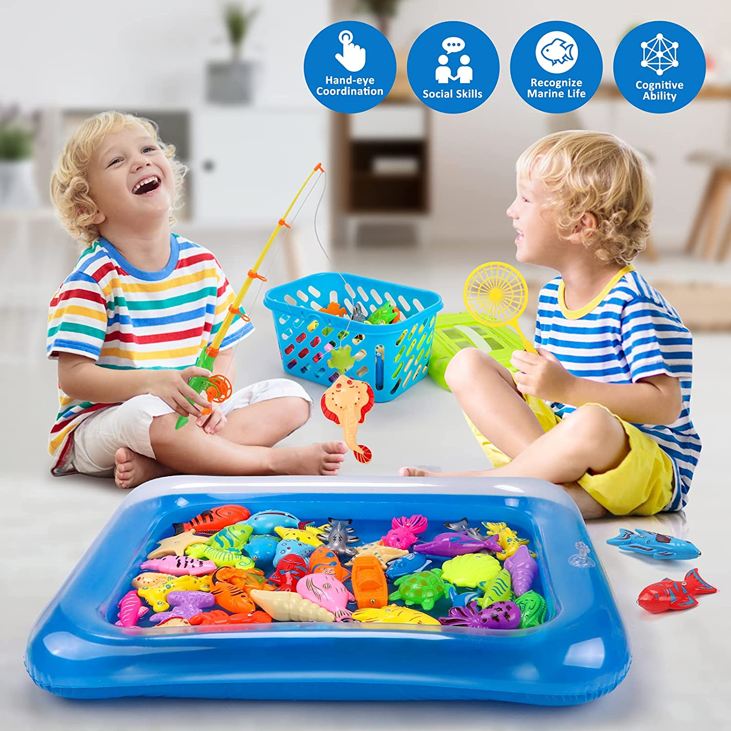 REMOKING Kid Toys 52PCS Fishing Game,Magnetic Toys with Ocean Sea Animal,Fishing Poles,Nets,Inflatable Pool,Toddlers Bathtub Outdoor Carnival Party Set,Gifts for Kids 3-6 Years Old(With Basket)
