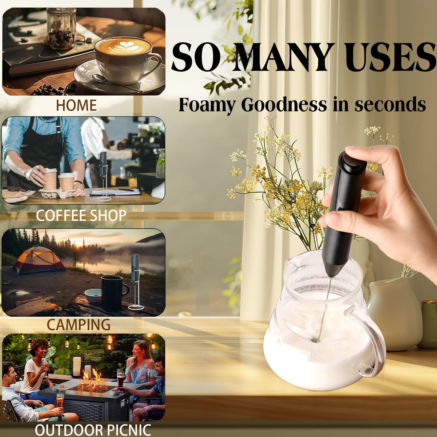 Handheld Milk Frother for Coffee & More - Electric Whisk for Lattes, Cappuccino, Matcha, Frappe & Eggs | Battery-Powered Drink Mixer | No Stand Needed (Black/Stainless Steel) image number 5