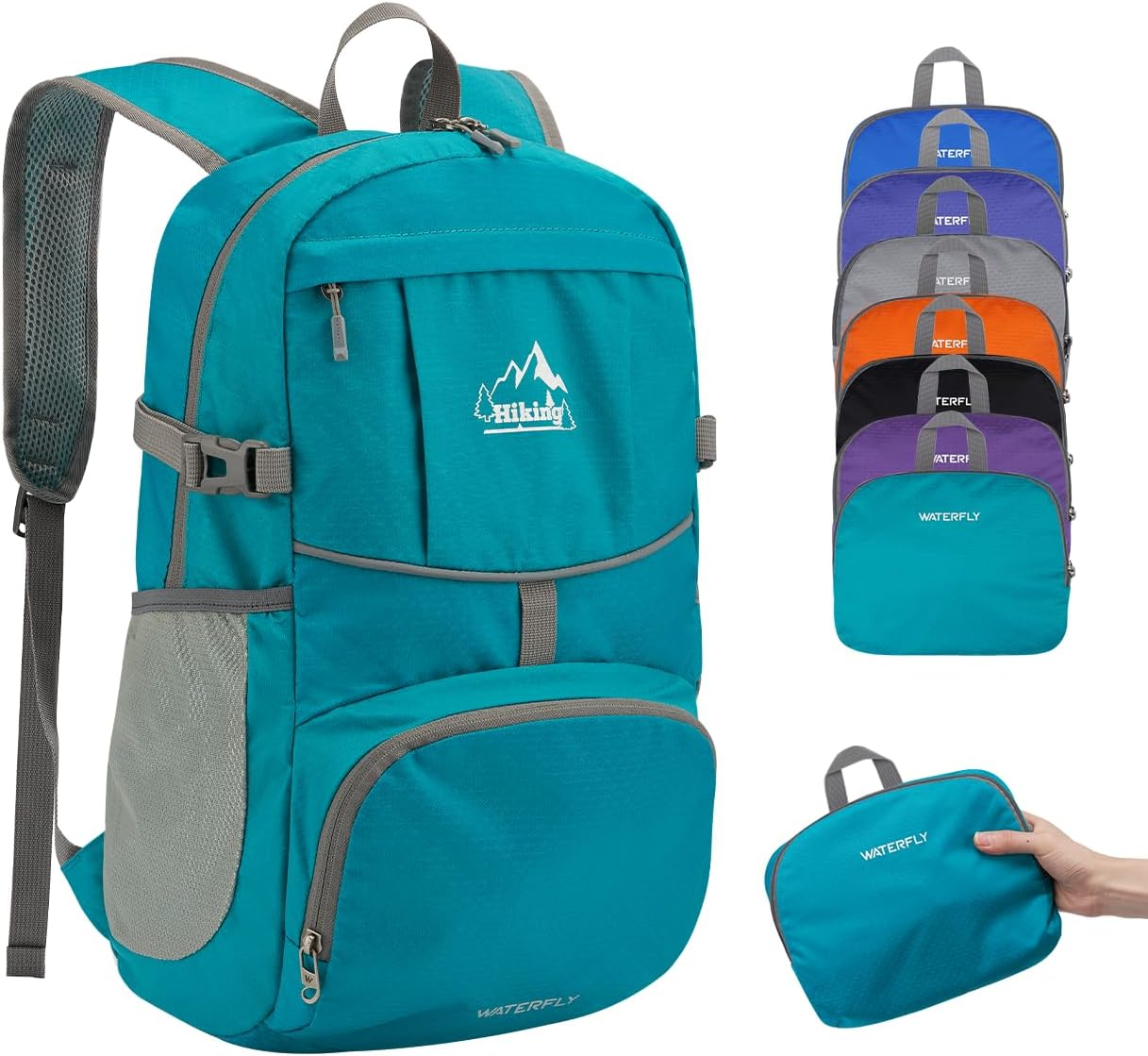 WATERFLY Hiking Foldable Daypack Backpack: 25L Ultra Lightweight Waterproof Day Pack for Woman Man - Small Compact Packable Folding Back Pack for Outdoor Sport Cycling Biking Travel Trip - Orange image number 2