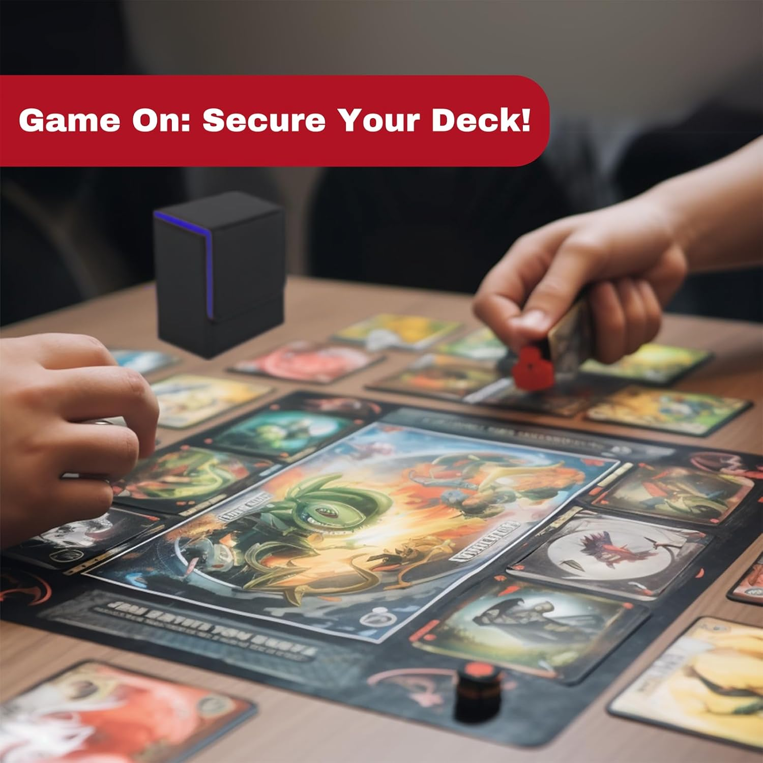 Premium Trading Card Case &ndash; Fits 100+ Sleeved Cards, Secure Hard Shell Deck Box for Collectible Cards, Compatible with MTG, TCG, and More (Black-Blue) image number 1