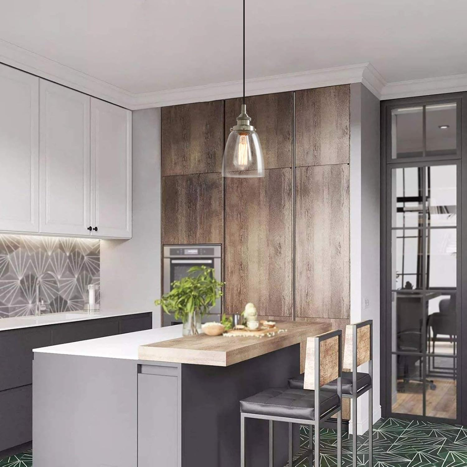 Buyee Vintage Pendant Light, 1-Light Mini Hanging Light with Clear Glass Shade Lamp Fixture for Kitchen Living Room Bar (Brushed) - Antique image number 4