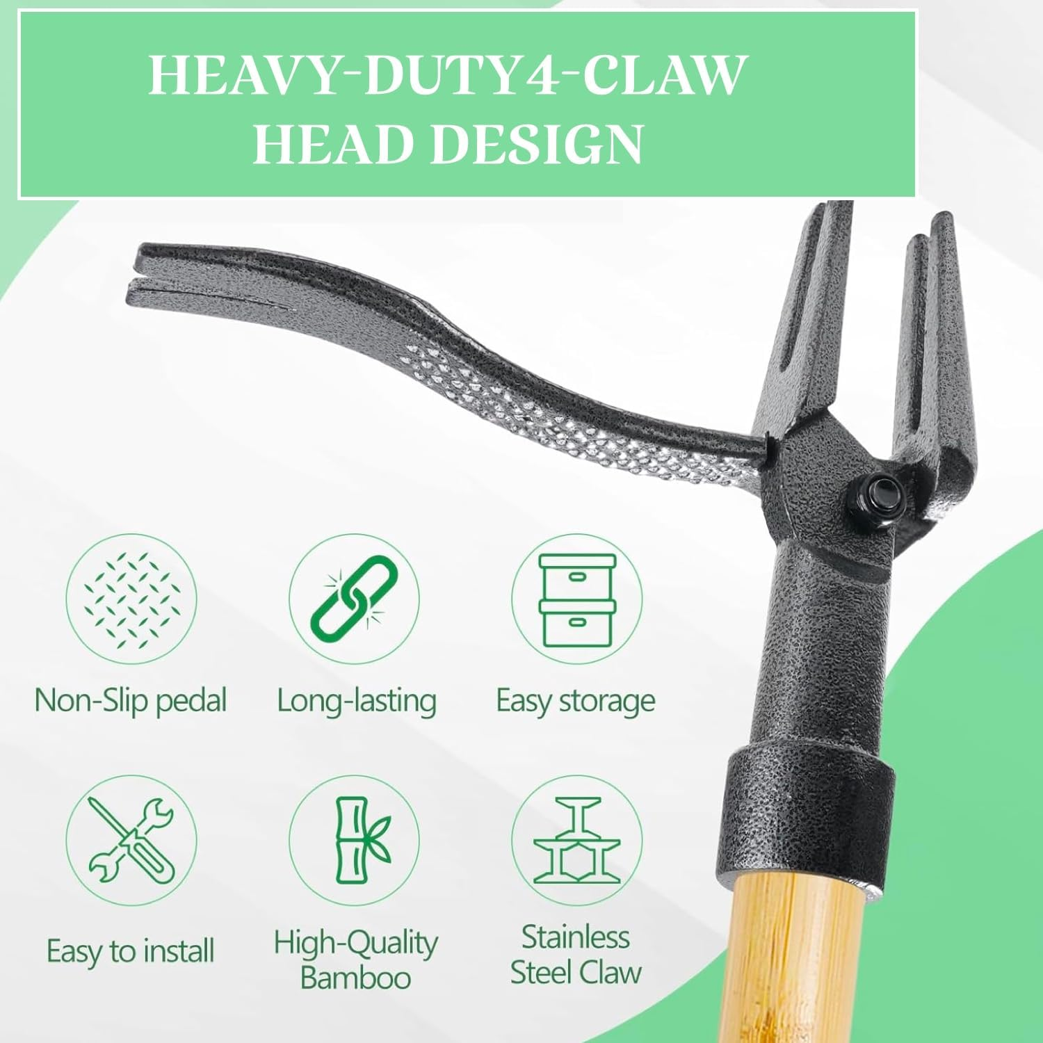 Lawn Mower - Long-Handle Manufacturing - Standing Lawn Mower Tool, Genuine Bamboo and 4-Claw Steel Head