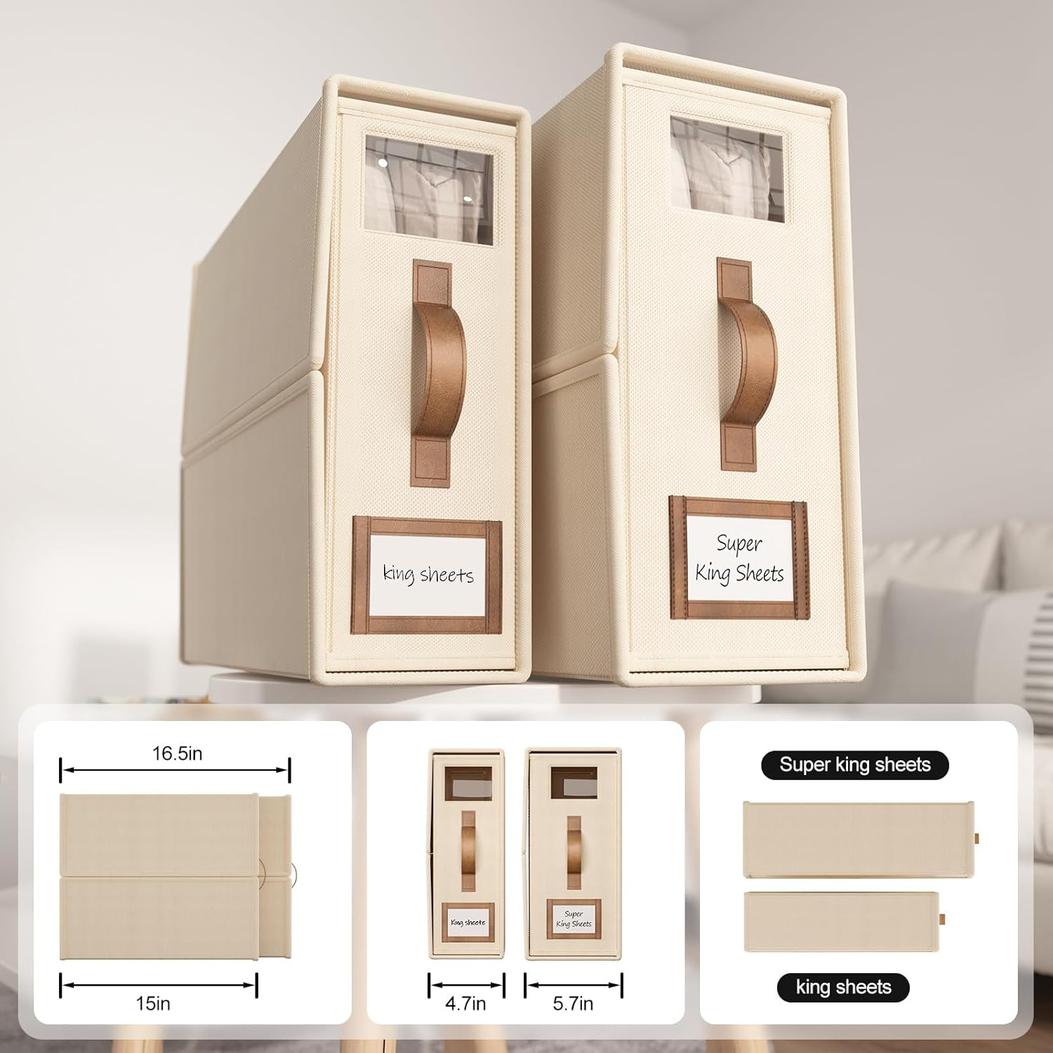 Bigponpon 6 Pack Bed Sheets Organizers and Storage (Cal King Size), Foldable Organizer with Handle for Linen Closet, Bedding Storage for Sheets, Duvet Cover (Beige) image number 5