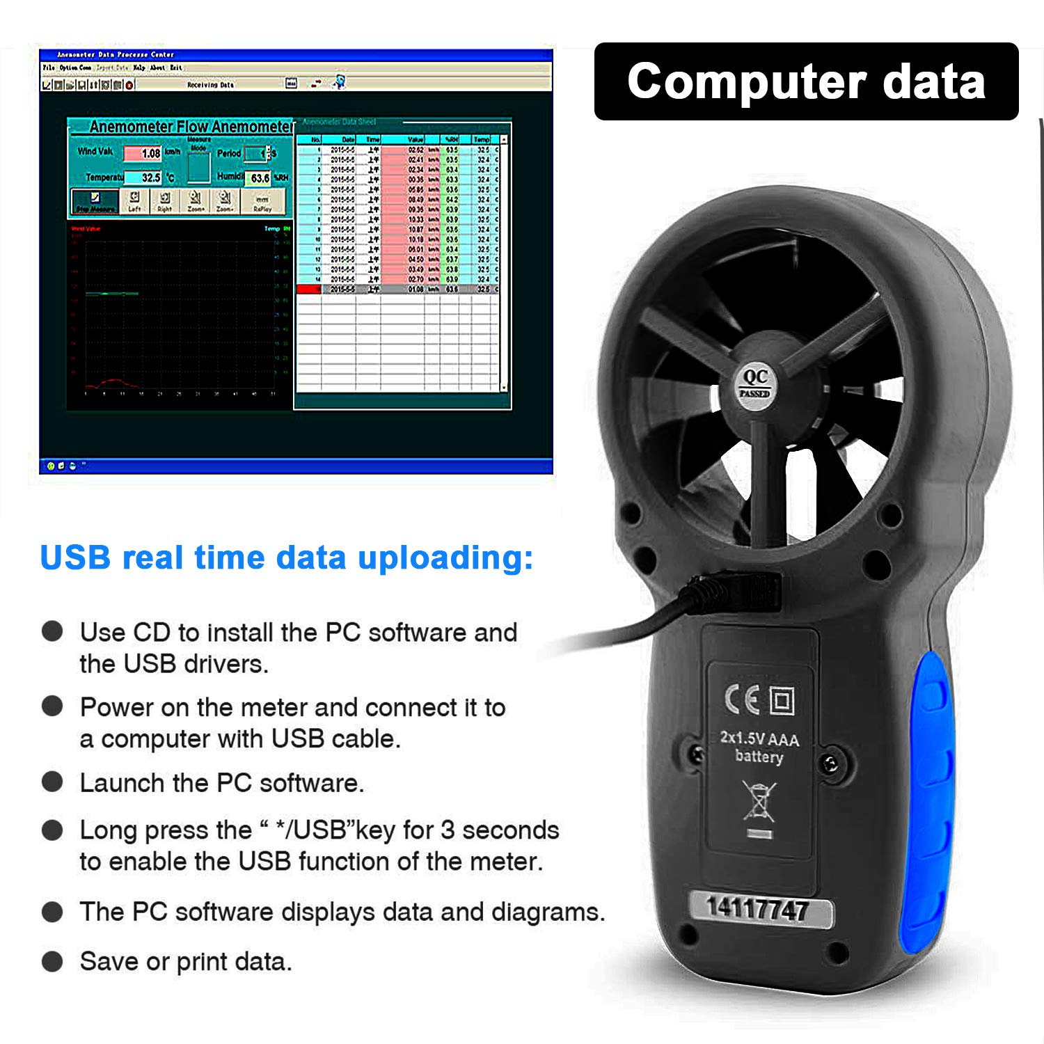 Digital Anemometer Handheld HVAC HP-866A Pro CFM Wind Speed Meter PC Connect Measures Wind Speed Temperature Dew Point Air Flow Meter with Data Hold & USB & Relative Humidity image number 6