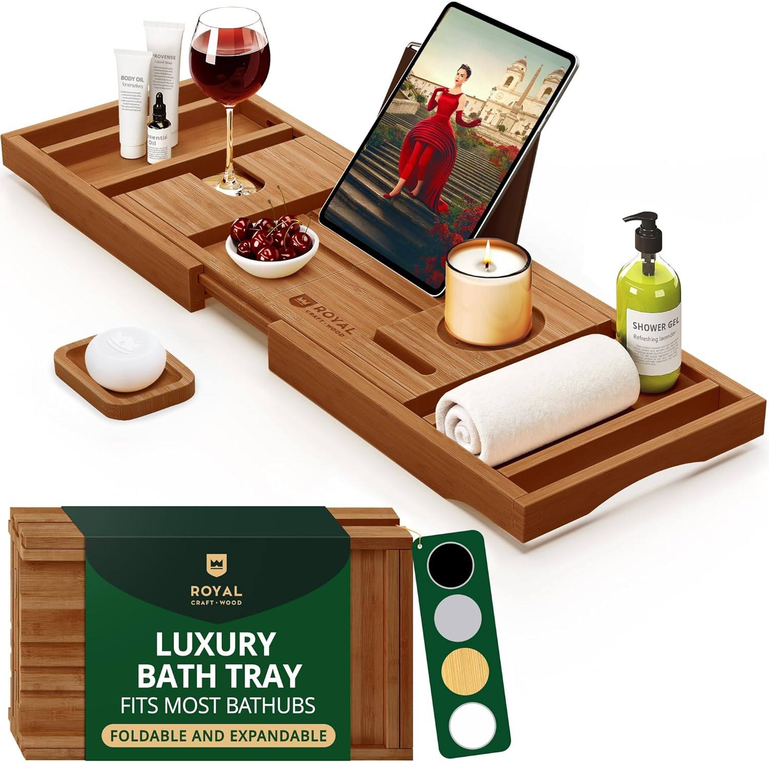 Royal Craft Wood Premium Foldable Bathtub Tray - Wood Bath Tray for Tub, Bamboo Shelf, Expandable Bath Table Trays, Bathtub & Bathroom Accessories for New Home & Mothers Day & Birthday Gifts for Mom