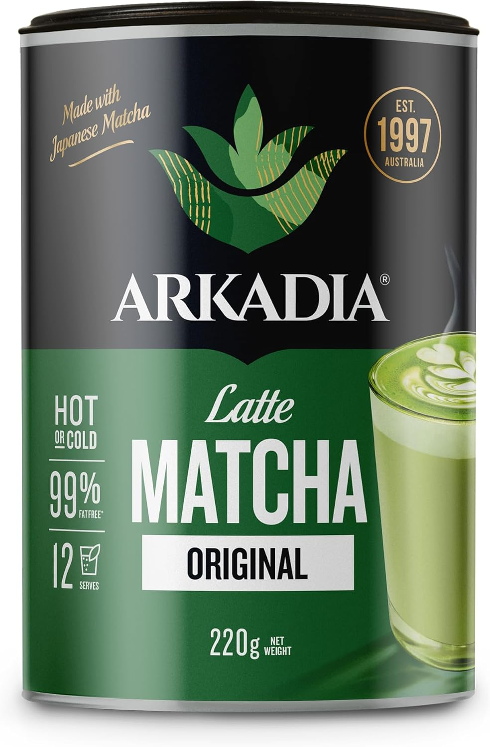 Arkadia Original Matcha Latte Powder, 220G, 12 Serves, Hot or Cold, Japanese Green Tea Blend
