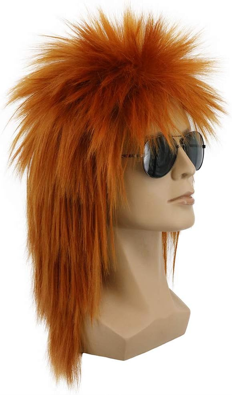 Yuehong Mullet Style Heavy Metal Halloween 70S 80S Red Orange Wig for Men Women Spiked Rocker Wig (Orange)