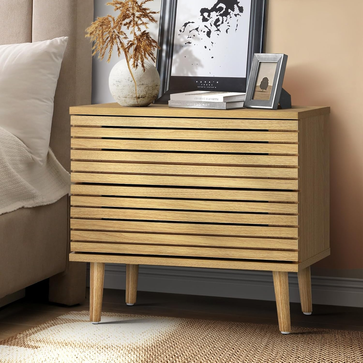 Oikiture Bedside Table with 2 Drawers, Wooden Side Table Nightstand Home Storage Furniture Wood