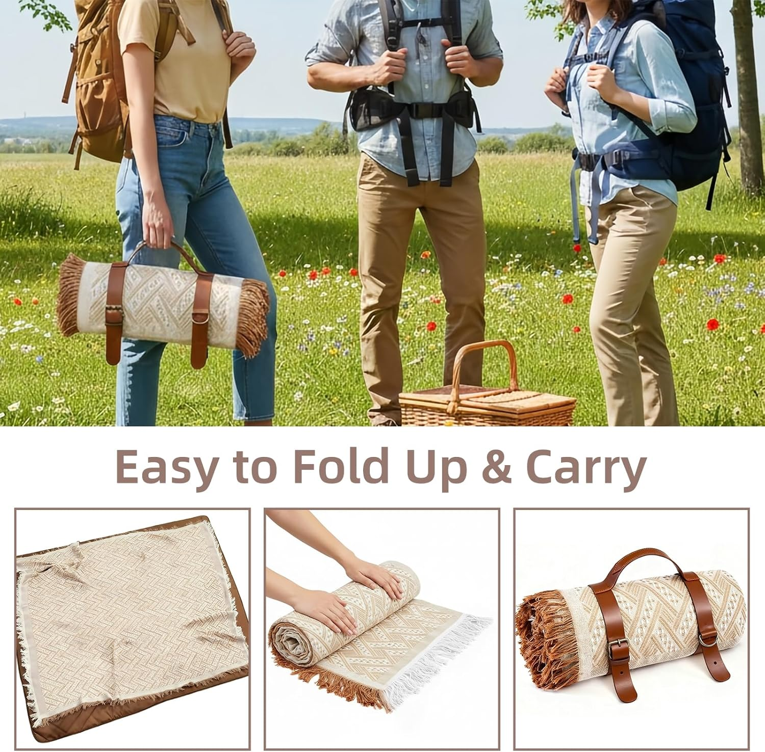 2 in 1 Extra Large Outdoor Picnic Blanket, Waterproof & Foldable Picnic Beach Mat - Woven Boho, Travel Essential Yoga Accessories Outdoor Blanket for Park Patio Lawn Garden Grass Ground Music Festival image number 1