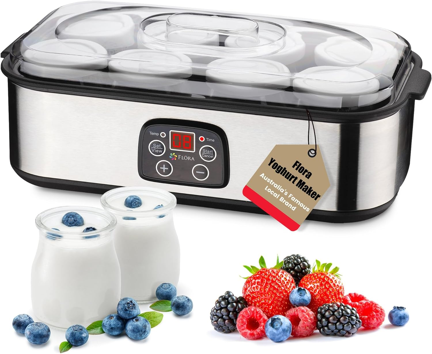 Flora Yoghurt Maker Electric-Australia Local Seller-Fermented Yogurt Making Machine-Auto Digital with 8 Glass Jars-Lcd Display with Temperature Setting-Natto/Rice Wine/Curd Making-Fl-Yme-816 image number 1