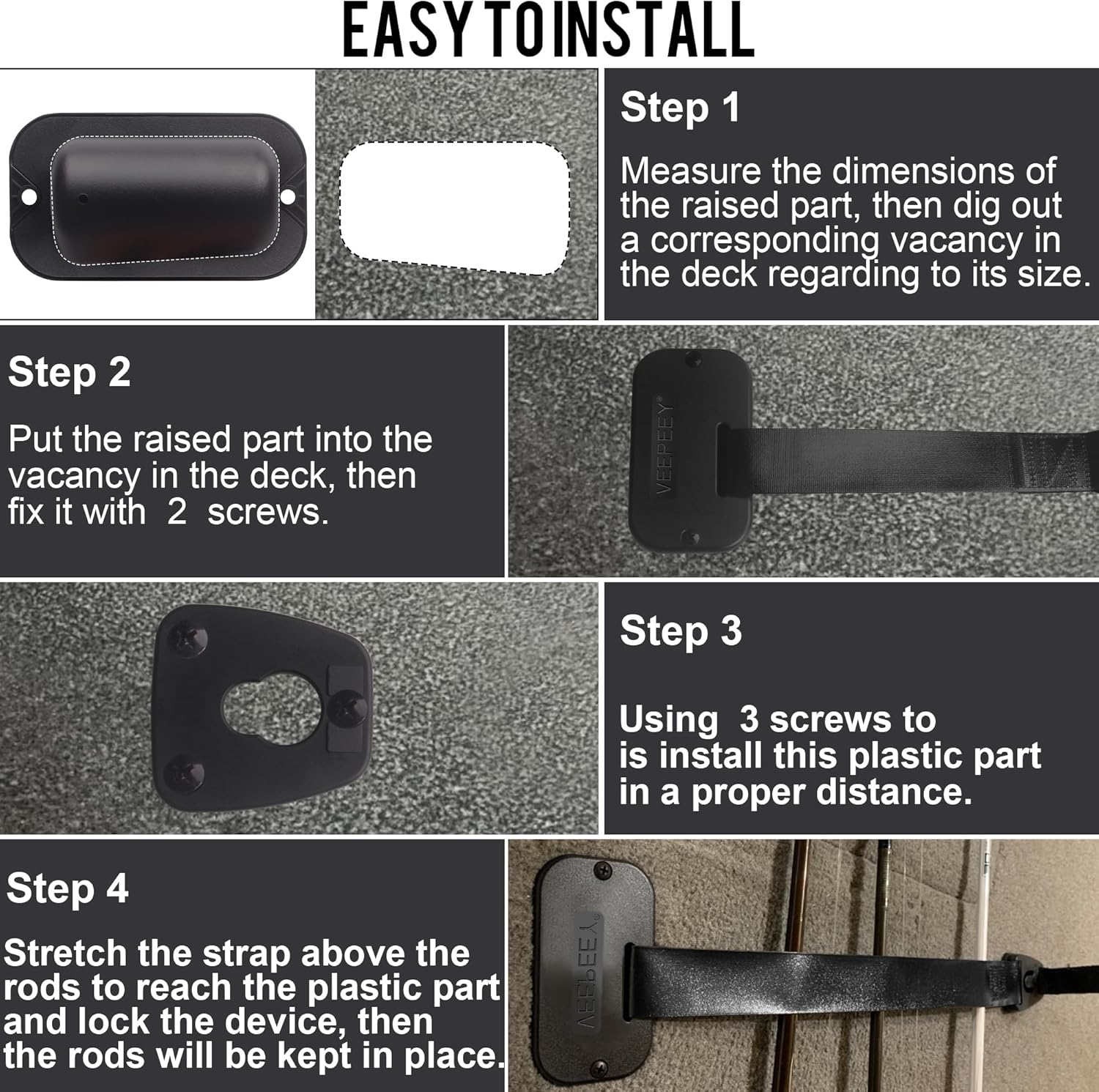 Rod Strap, Fishing Rods Hold down Strap, Gunwale/Deck Mount Retractable Rod Tie-Down F14200, Self-Retracting Rod Strap image number 5