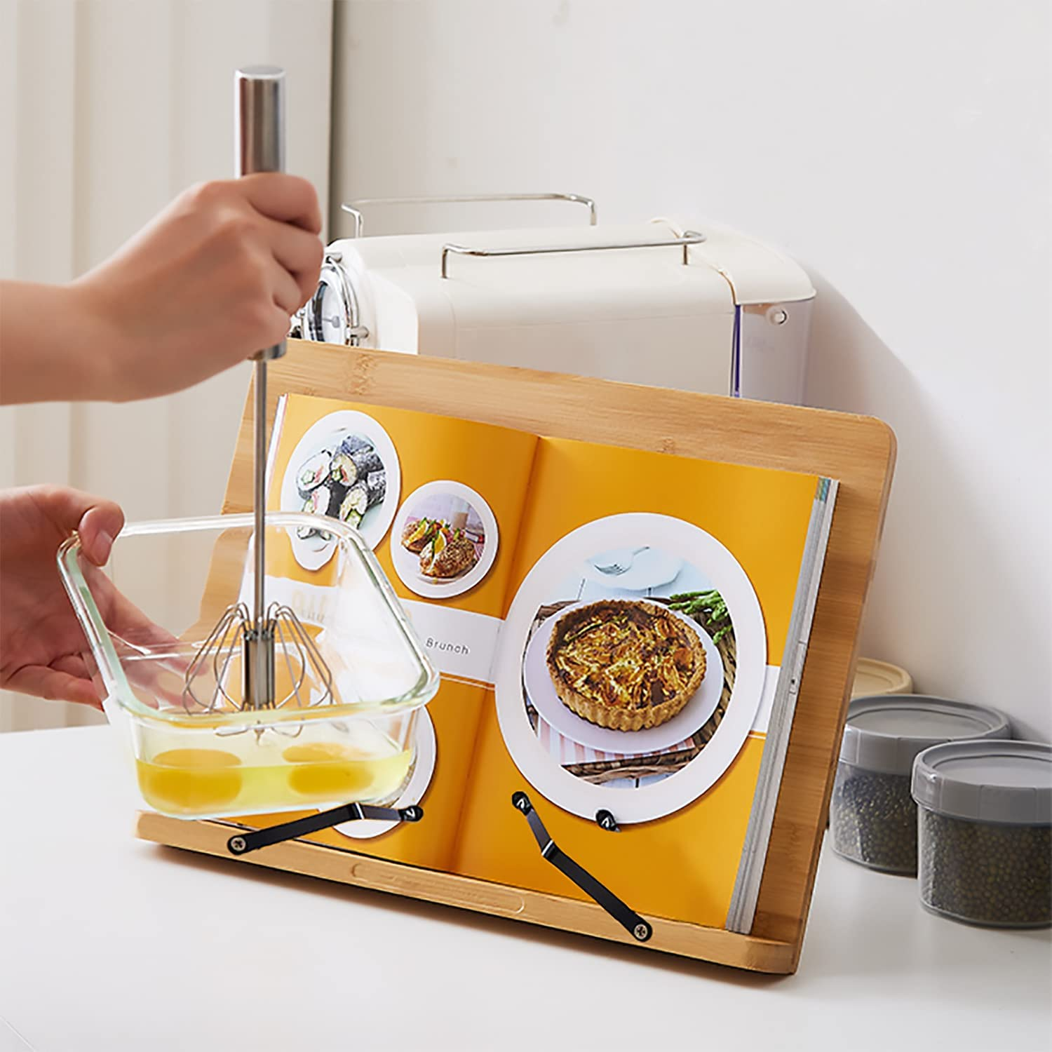 Desktop Bamboo Book Stand with Adjustable Six Angles, Portable Cookbook Stand with Flexible Page Holder Clips, Recipe Stand, Foldable Reading Holder Stand (Medium, Size: 34 X 24 Cm)