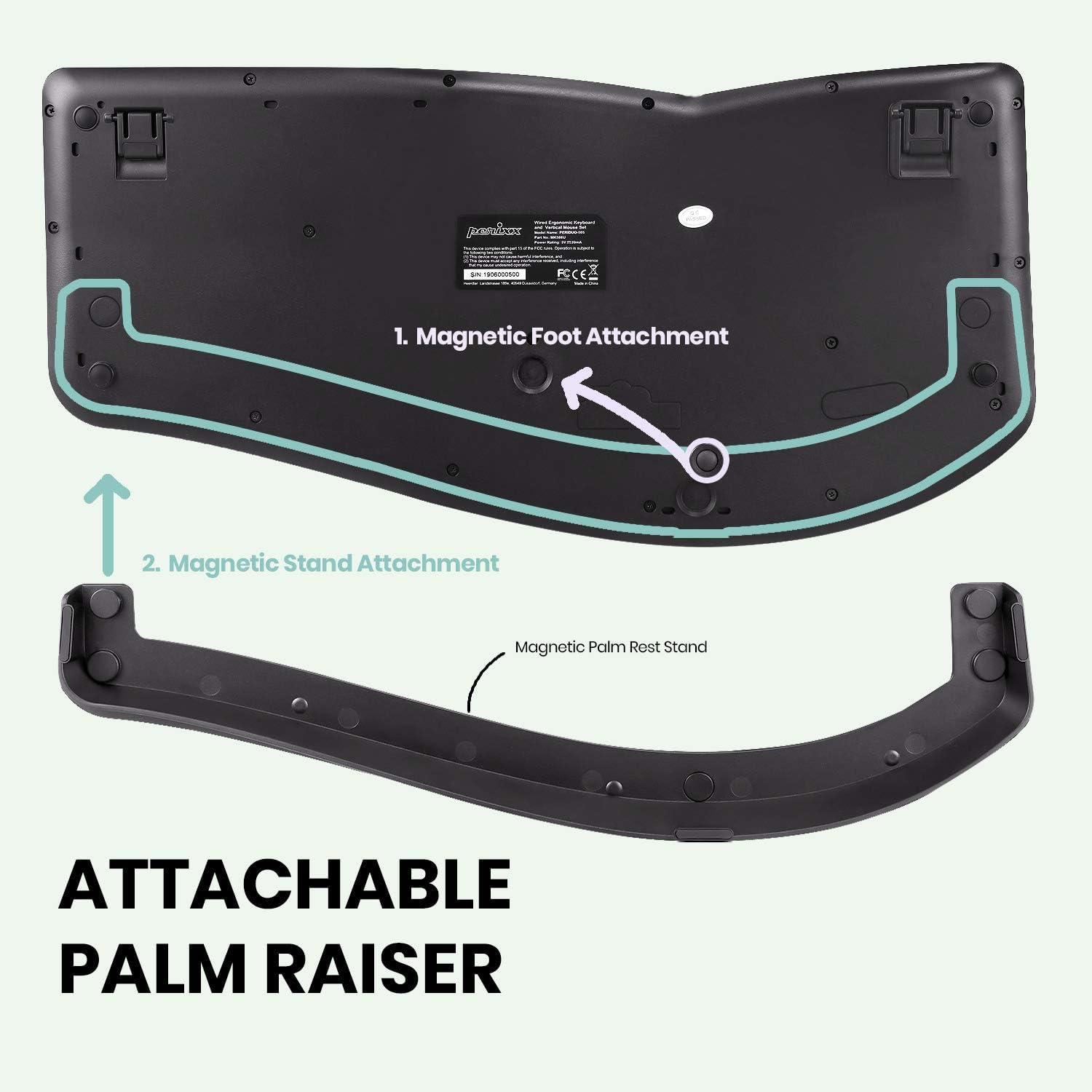Perixx PERIBOARD-330B, Wired Ergonomic Keyboard with Adjustable Wrist Rest, Illuminated Keys, and Membrane Low Profile Keys, 2 Extra USB Ports, US English Layout image number 4