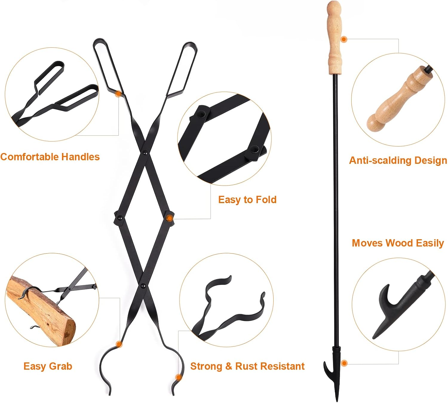 Fireplace Tools Set 26&rdquo; Tongs & 32&rdquo; Poker Foldable Log Grabber & Firewood Hook for Firepit Outdoor/Indoor Camping Grill BBQ by Zoloti image number 1