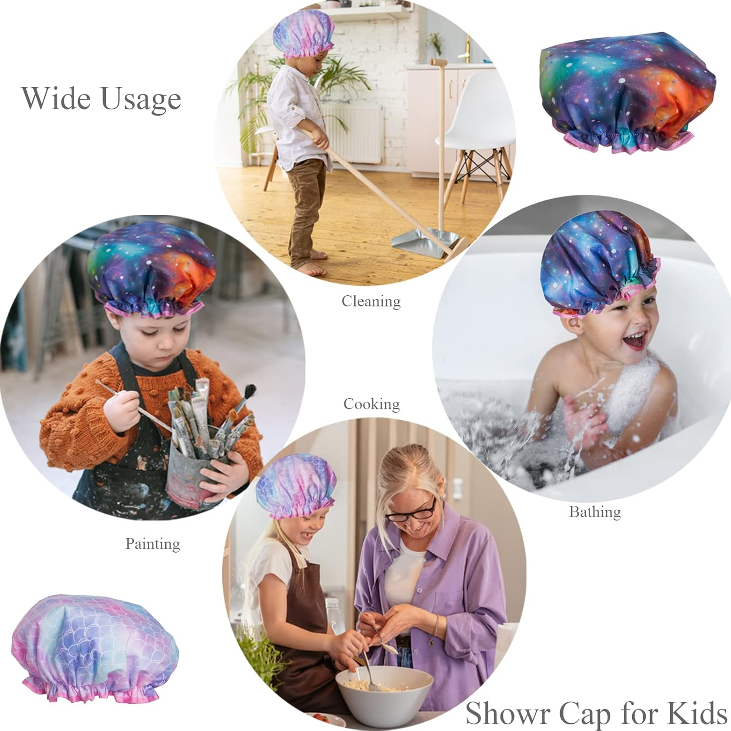 Qeuly Shower Cap for Kids, 2 Pack Kids Shower Caps Reusable Double Layer Waterproof Toddler Shower Cap, Elastic Band Kids Bonnets for Girls and Boys (Galaxy + Mermaid) image number 5