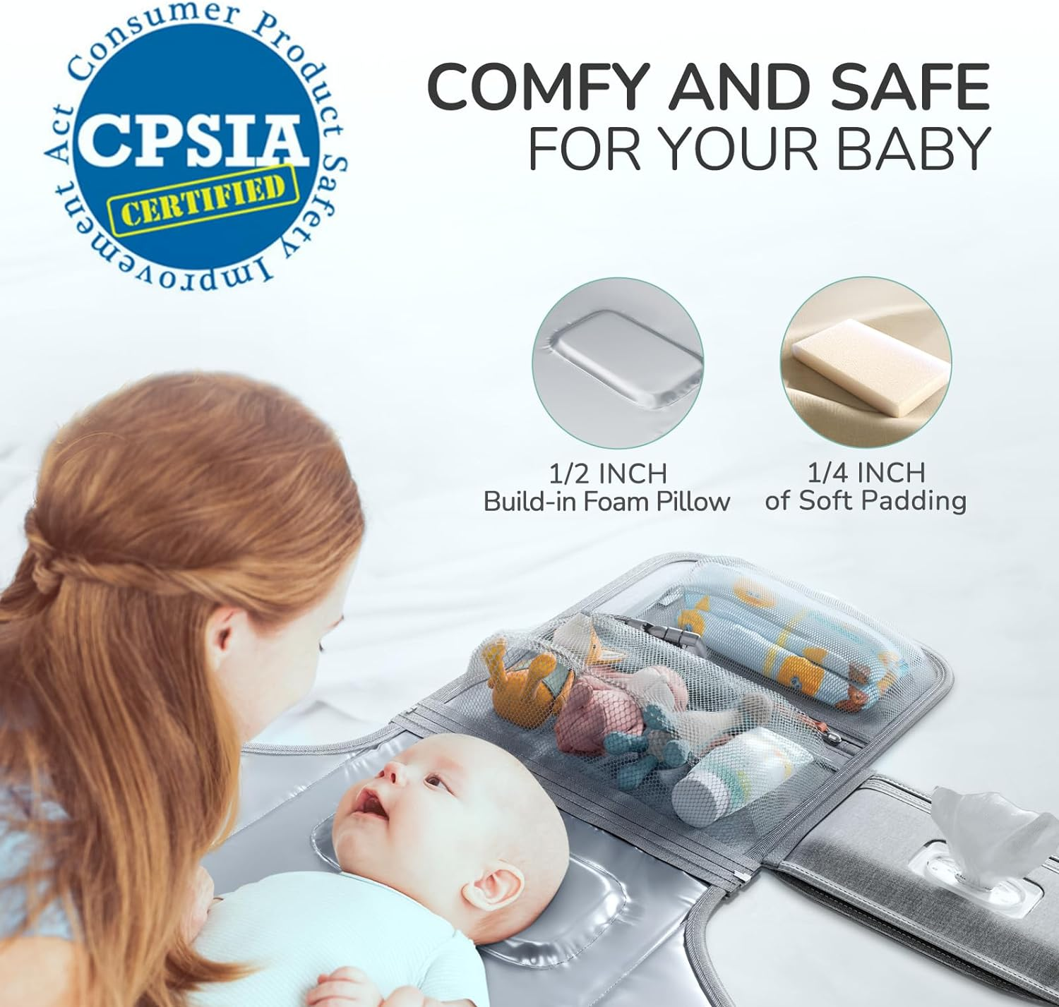 Portable Diaper Changing Pad for Baby, Detachable Travel Changing Pad with Baby Wipes Pocket, Gifts for Baby Shower, Newborn Girls and Boys (Grey) image number 6