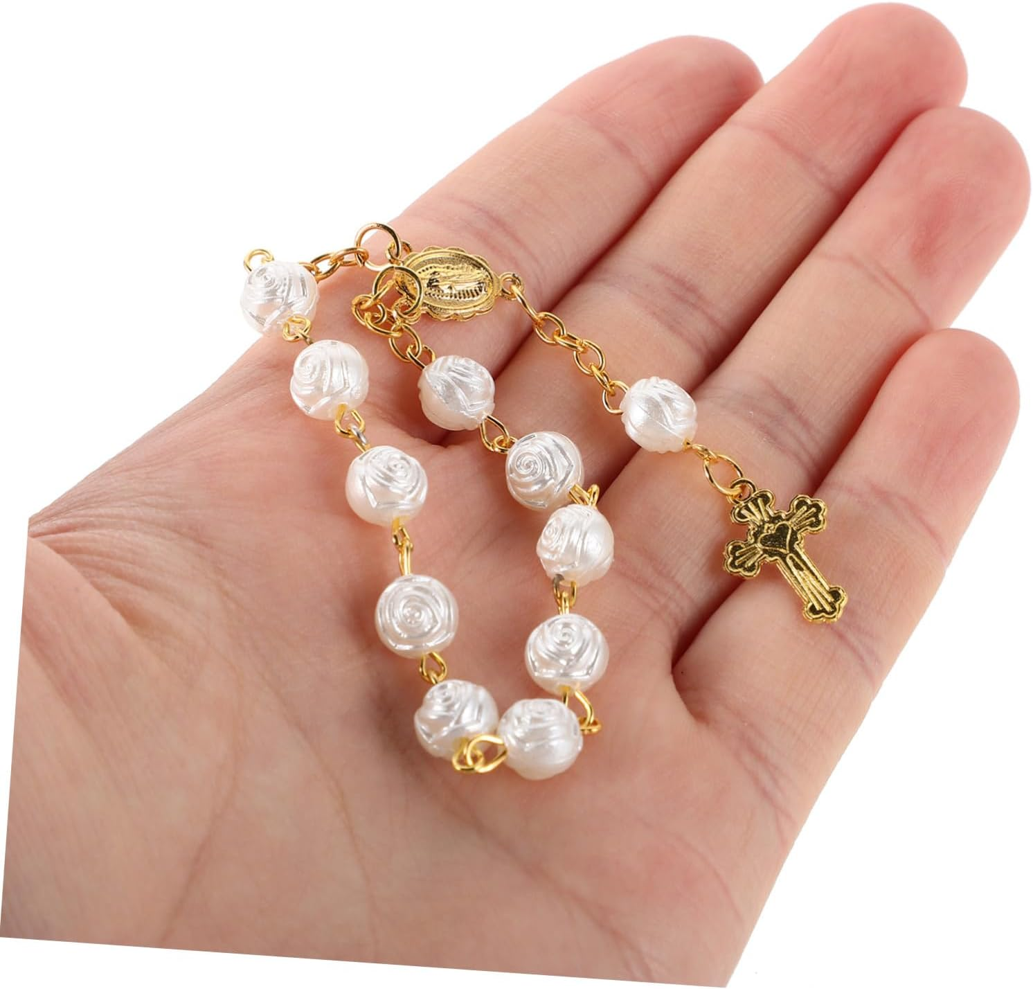 SAFIGLE 4Pcs Baptism Rosary Finger Chain Mini Rosary Beads for Girls Holy Event Favors First Communion Keepsake Wedding Religious Decor image number 5