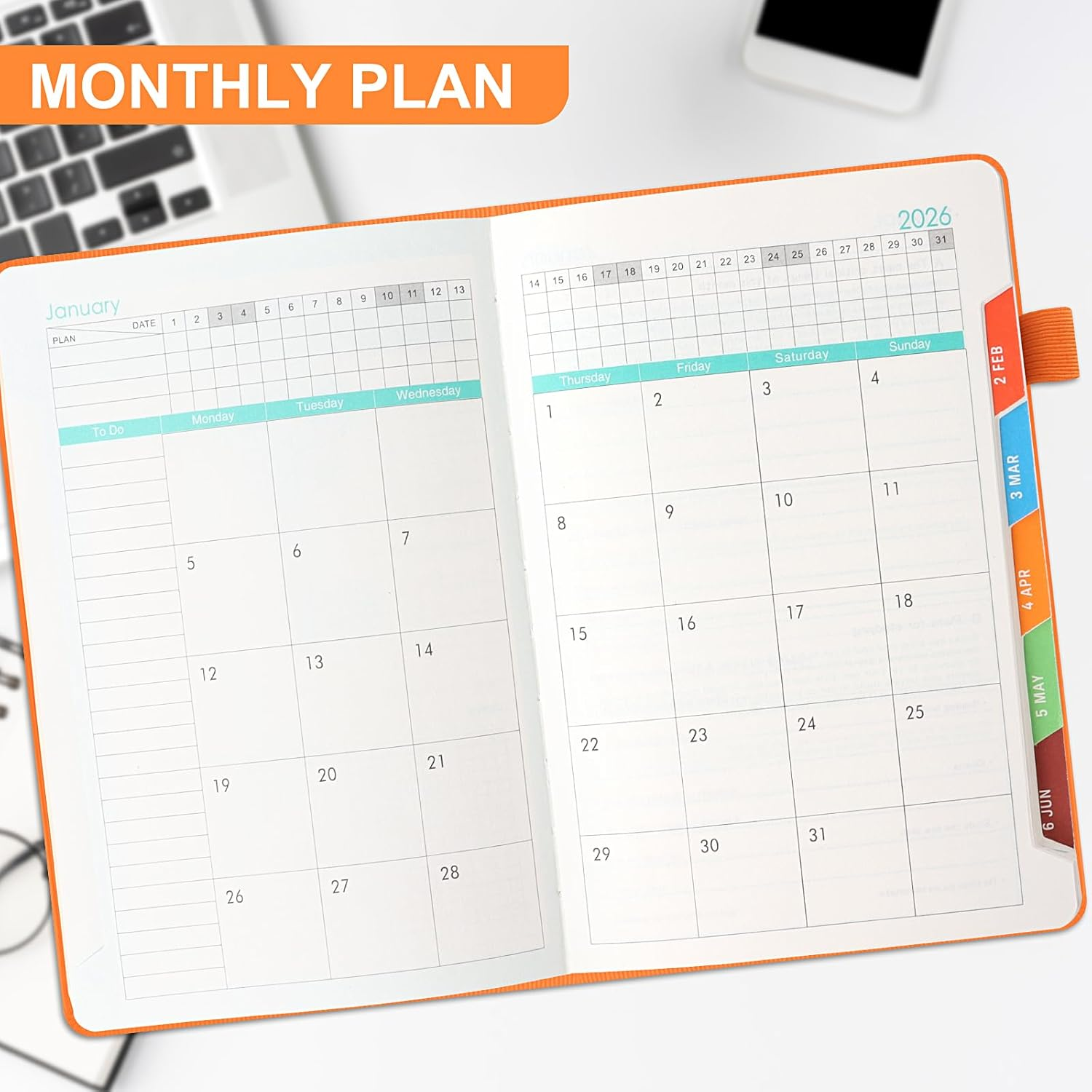 JUNART 2026 Academic Diary A5 Daily Planner from Jan. 2026-Dec. 2026 Weekly & Monthly Diary,Schedule Planner,Teacher Planner with Elastic Strap Pen Loop(Orange) - Green-2026 image number 2
