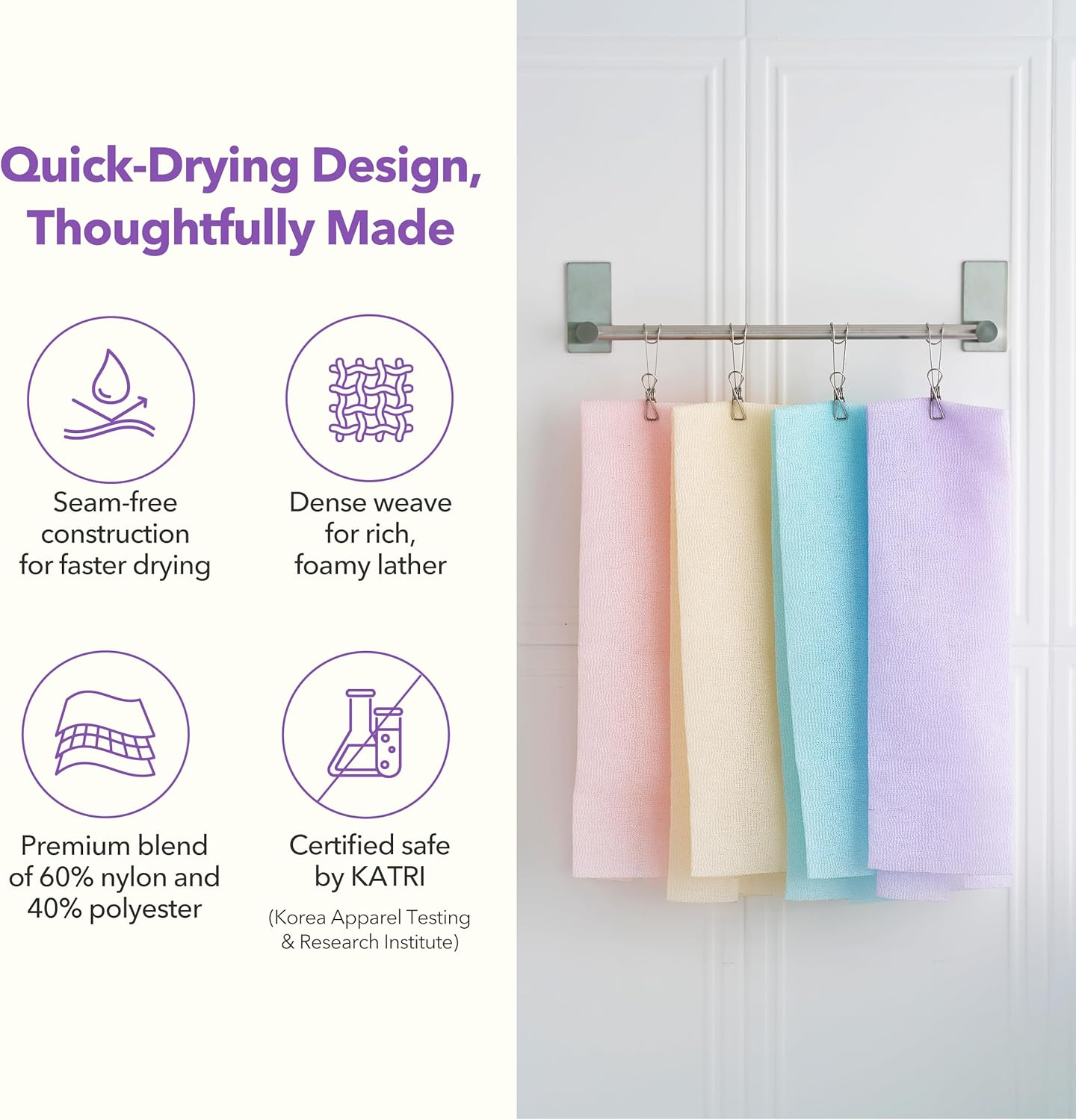 Bubblyme Korean Exfoliating Washcloths 4 Pack Body Scrubber Towels for Shower, Daily Deep Clean & Glowing Skin, Quick-Dry image number 1