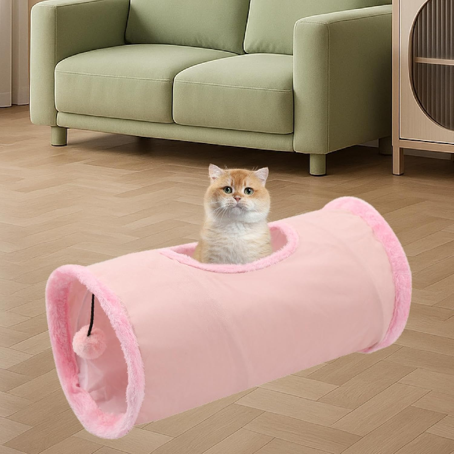 Yuksok Straight Cat Tunnel for Indoor Cats Foldable Tunnel Tube Hideout 19.69X9.84Inch Interactive Resting Scratch Resistant Cat Toy, Pink - Pink image number 2