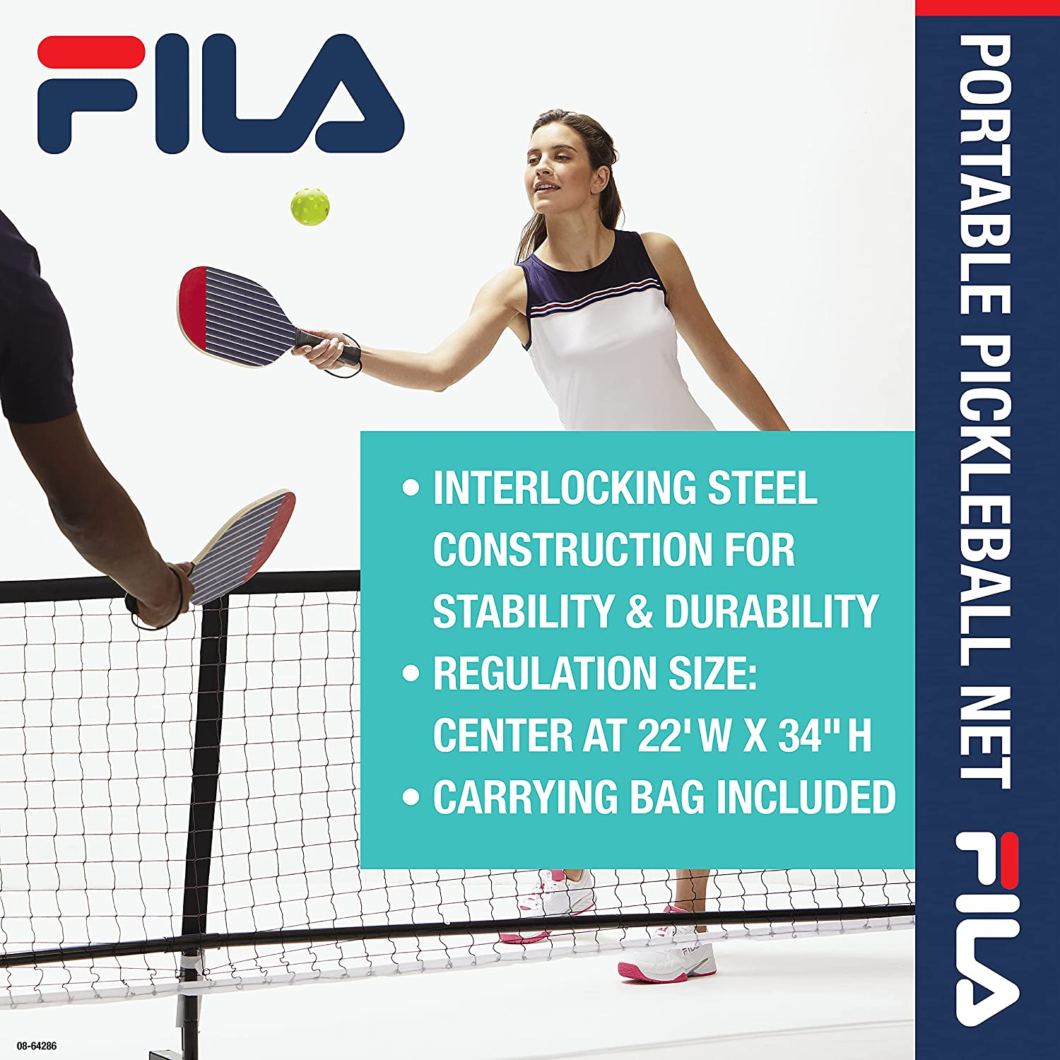 FILA Pickleball Net - 22 Ft X 3 Ft Regulation Size, Black Nylon Mesh, Includes Carry Bag, Quick & Easy Setup