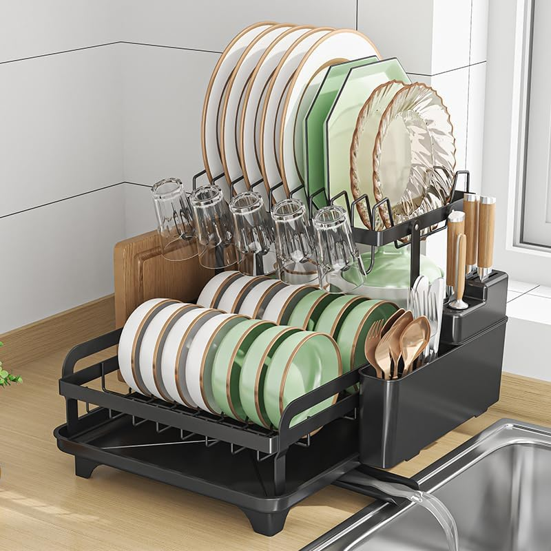 Hoisimdy Dish Drying Rack 2 Tier Dish Rack Kitchen Large Capacity Dish Drainer with Auto Drainage (Black)