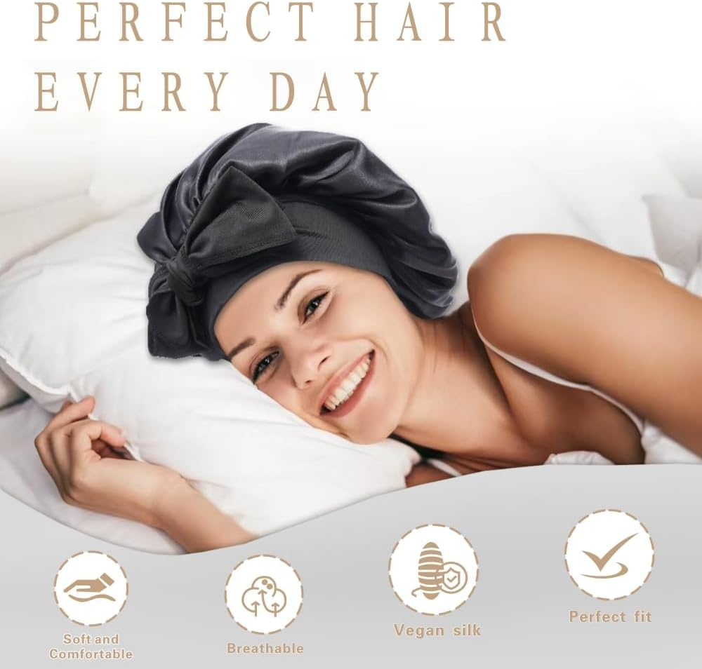 Mumoo Bear Silk Bonnet Satin Hair Bonnet for Sleeping Night with Tie Band with Head Wrap for Women (Black) image number 6
