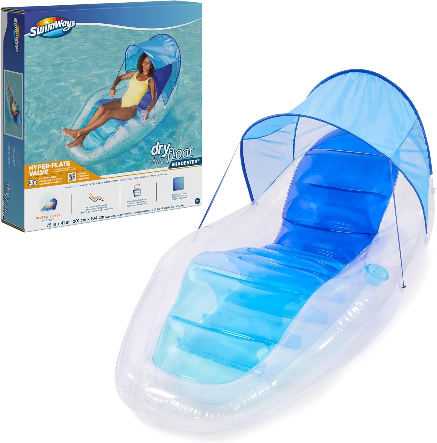 Swimways Dry Float Shadester Pool Float, Translucent Inflatable Recliner Chair for Adults with Fast Inflation, Canopy, Foot Rest and Cup Holder image number 2