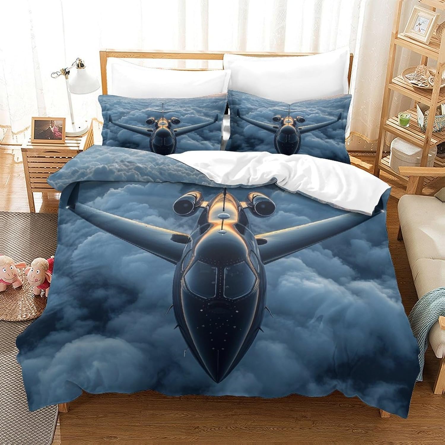 3Pcs Aeroplane 3D Printed Duvet Cover Set Microfiber Boys Girls Bedding Comforter Quilt Cover with Pillowcases Comforter Cover with Zipper,Queen（210X210Cm）