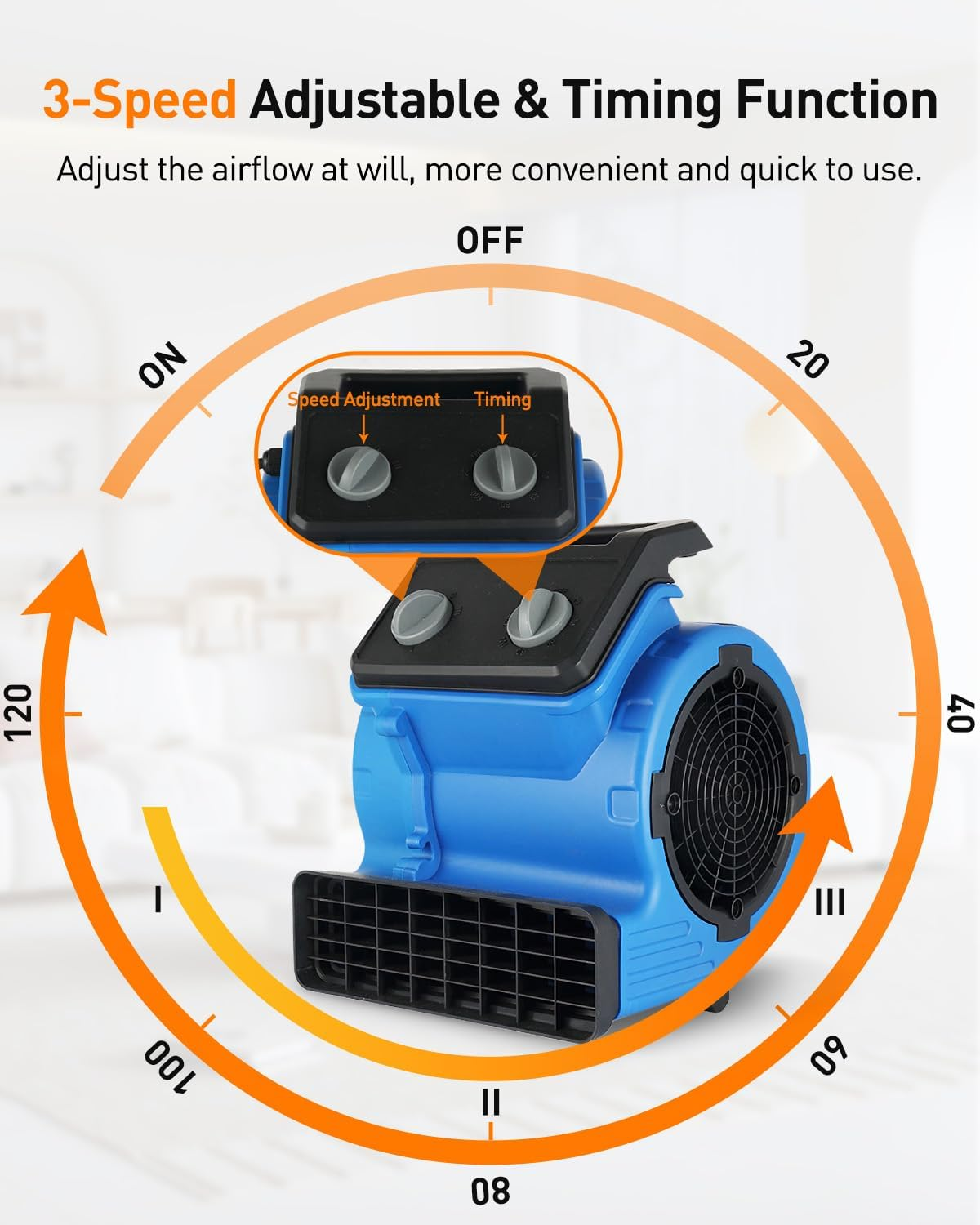 Centrifugal Air Mover, 3-Speed Carpet Dryer 300W Air Mover Blower Fan, Portable Floor Dryer for Home Ventilation, Drying Walls, Carpets and Floors, Blue image number 2