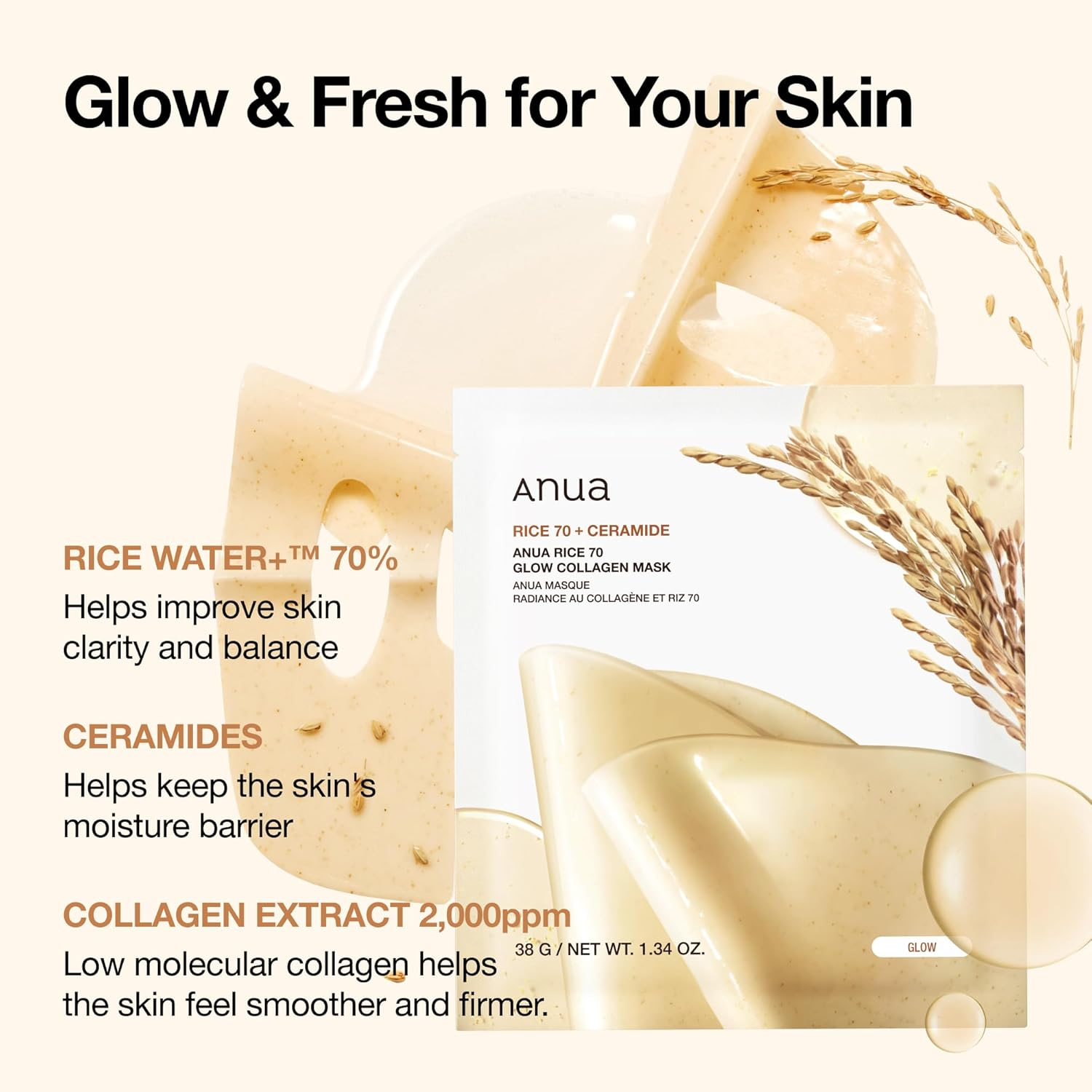 ANUA - Rice 70 Glow Collagen Mask 38G X 4 Masks image number 1