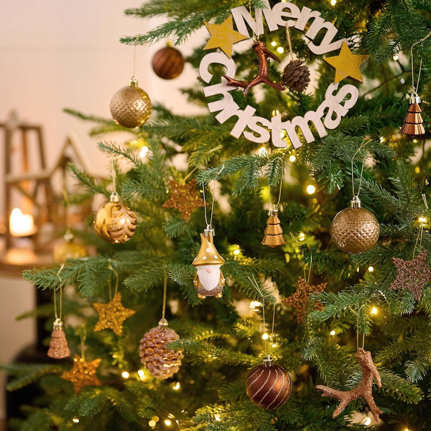 Valery Madelyn Christmas Ornaments Set, 40Ct Brown Copper and Gold Shatterproof Christmas Tree Decorations, Woodland Bronze Gnome Deer Hanging Ball Ornaments Bulk for Thanksgiving Xmas Holiday Decor