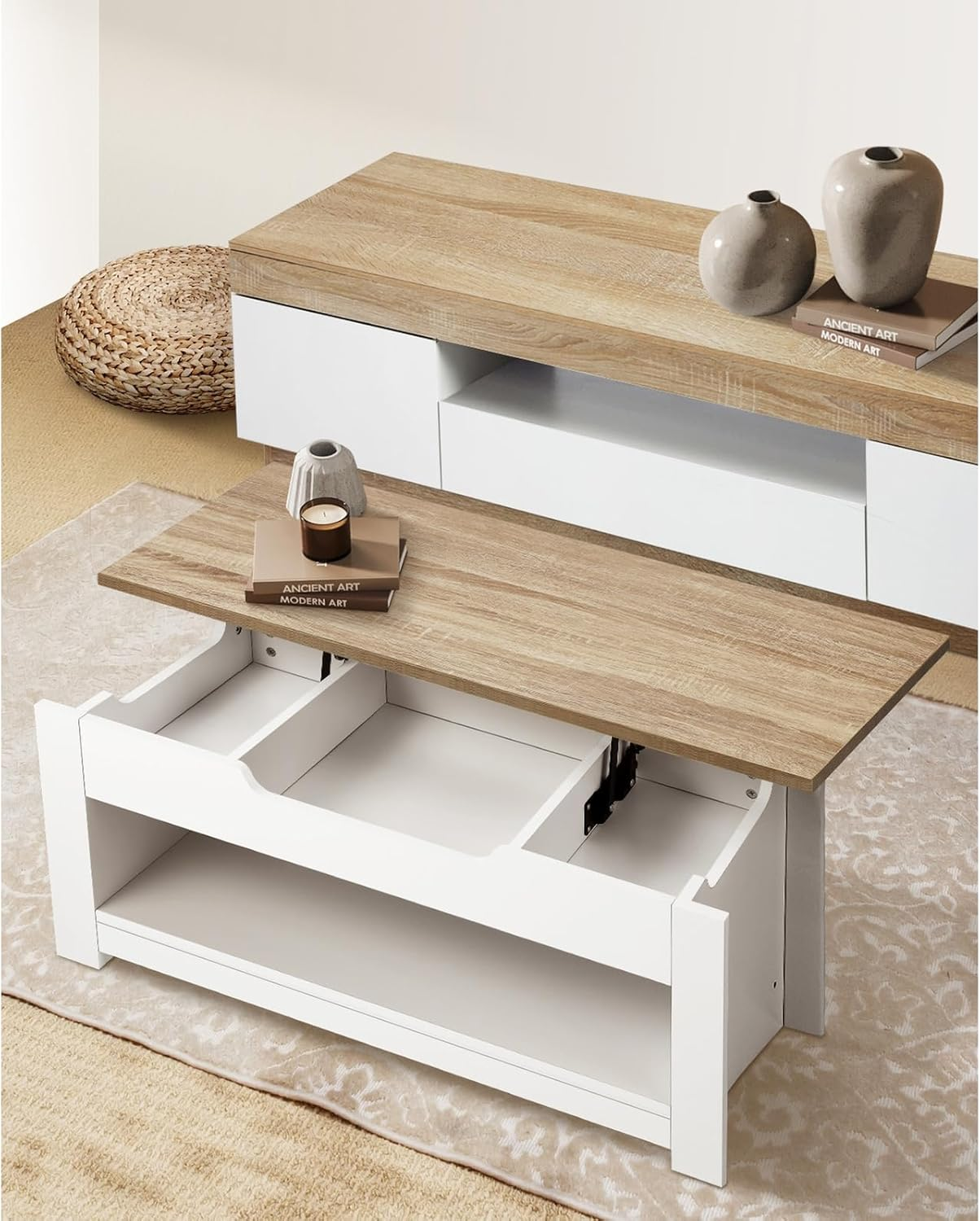 Oikiture Coffee Tables Lift up Top Wooden Convertible Hidden Book Storage Living Lounge Room Furniture Shelf Display,White and Natural Wood