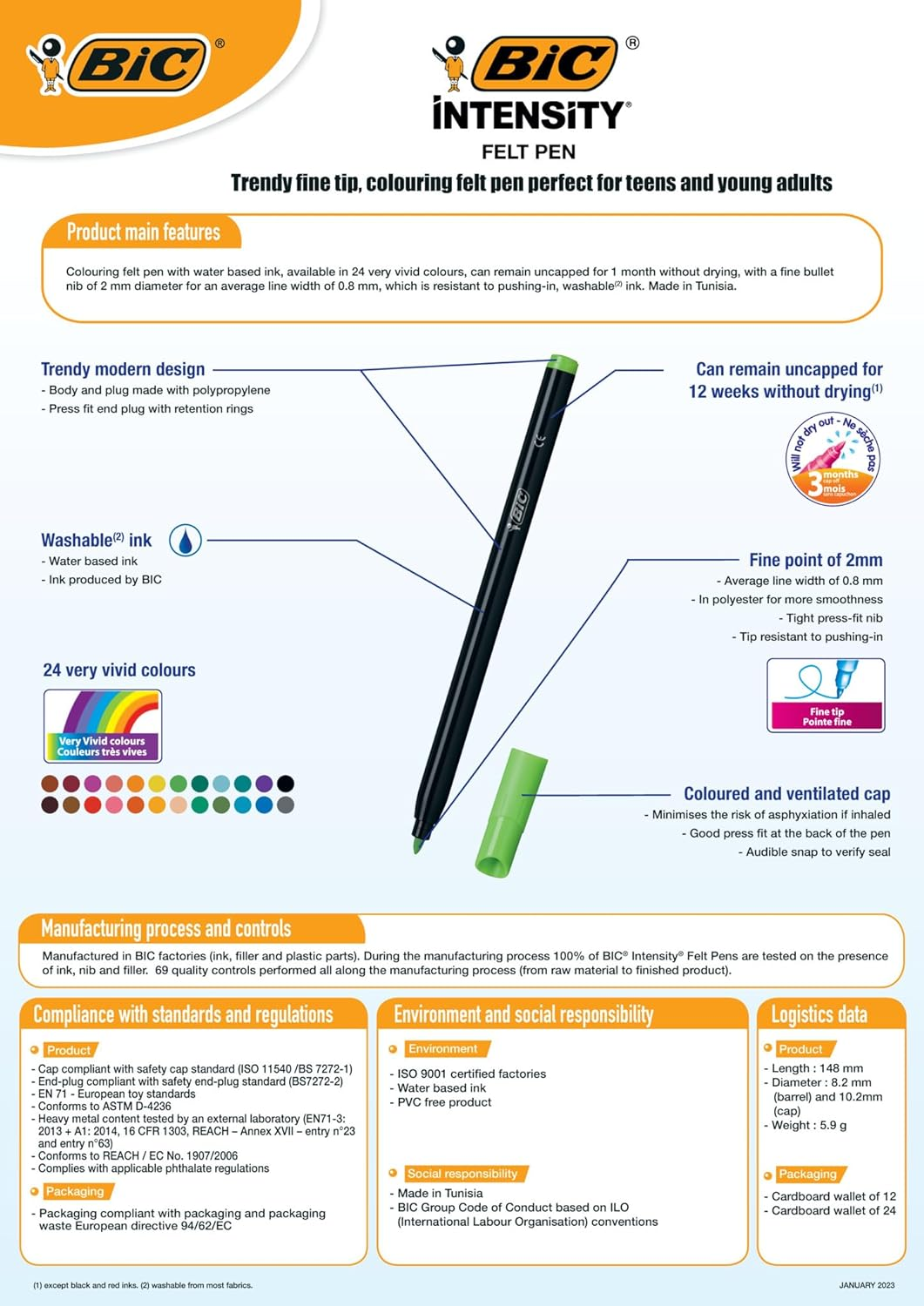 BIC Intensity Felt Tip Pens, Vibrant Colouring Pens, School Supplies for Kids or Adults, 24 Pack