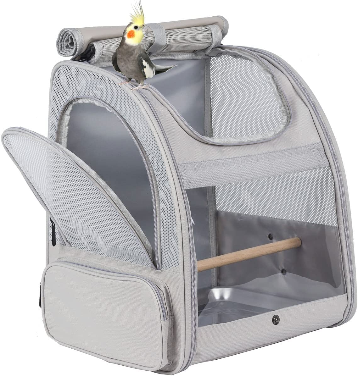 C&L Bird Carrier Backpack with Stand Perch, Bird Travel Backpack for Hiking, Airline Approved, Bird Treats and Toys (Grey, Bird Carrier Backpack)