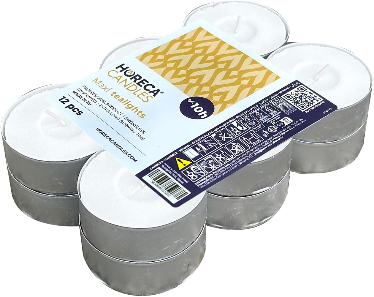 Horeca Candles Maxi Tea Lights White - Unscented - Pack of 12 - Large Tea Lights 57 X 22Mm - Burn Time 10 Hours - Tea Light Wax Leak Proof - 1 Set of 12 Tea Lights