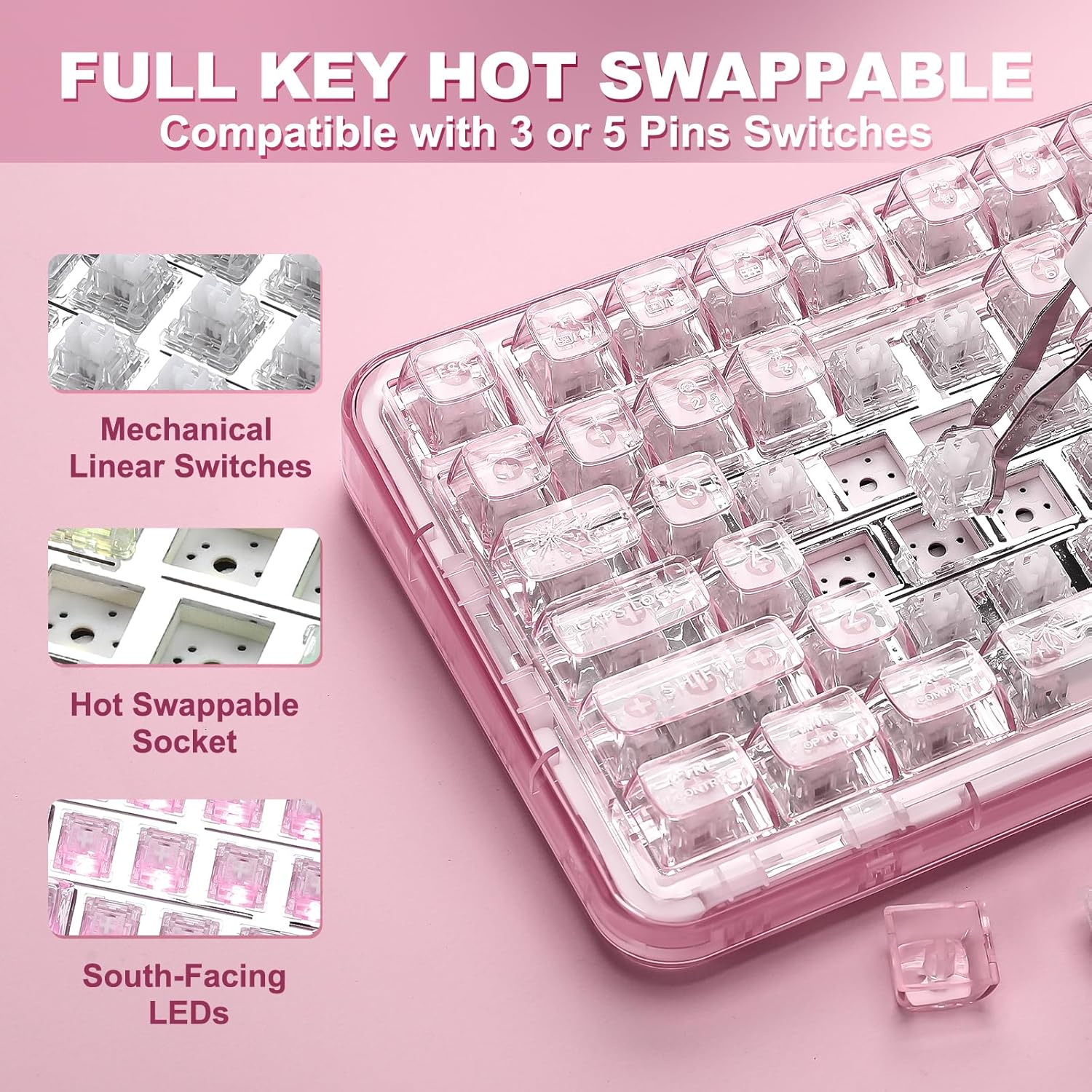 YUNZII X98 QMK/VIA Wireless Mechanical Gaming Keyboard with Knob,Tri-Mode Bt5.0/Usb-C/2.4Ghz Hot Swappable Keyboard,Pre-Lubed Switches Gasket Mount RGB Backlit for Wins/Mac (Pink, Snow Switch) image number 4