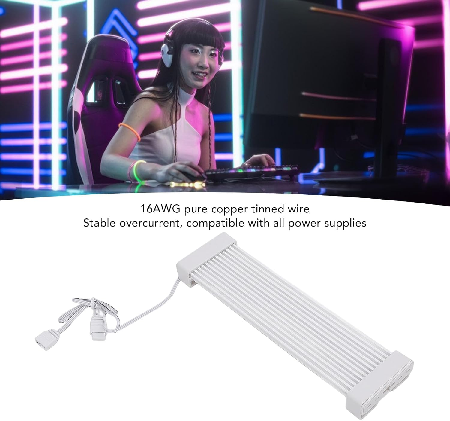 24 Pin to 24 Pin RGB GPU Cable, 205Mm Silicone Graphics Card RGB PSU Cables with 6 Wire Combs, 5V ARGB PC PSU Cables Graphics Card Power Supply Extension for Computer Case (White - Black Head image number 3